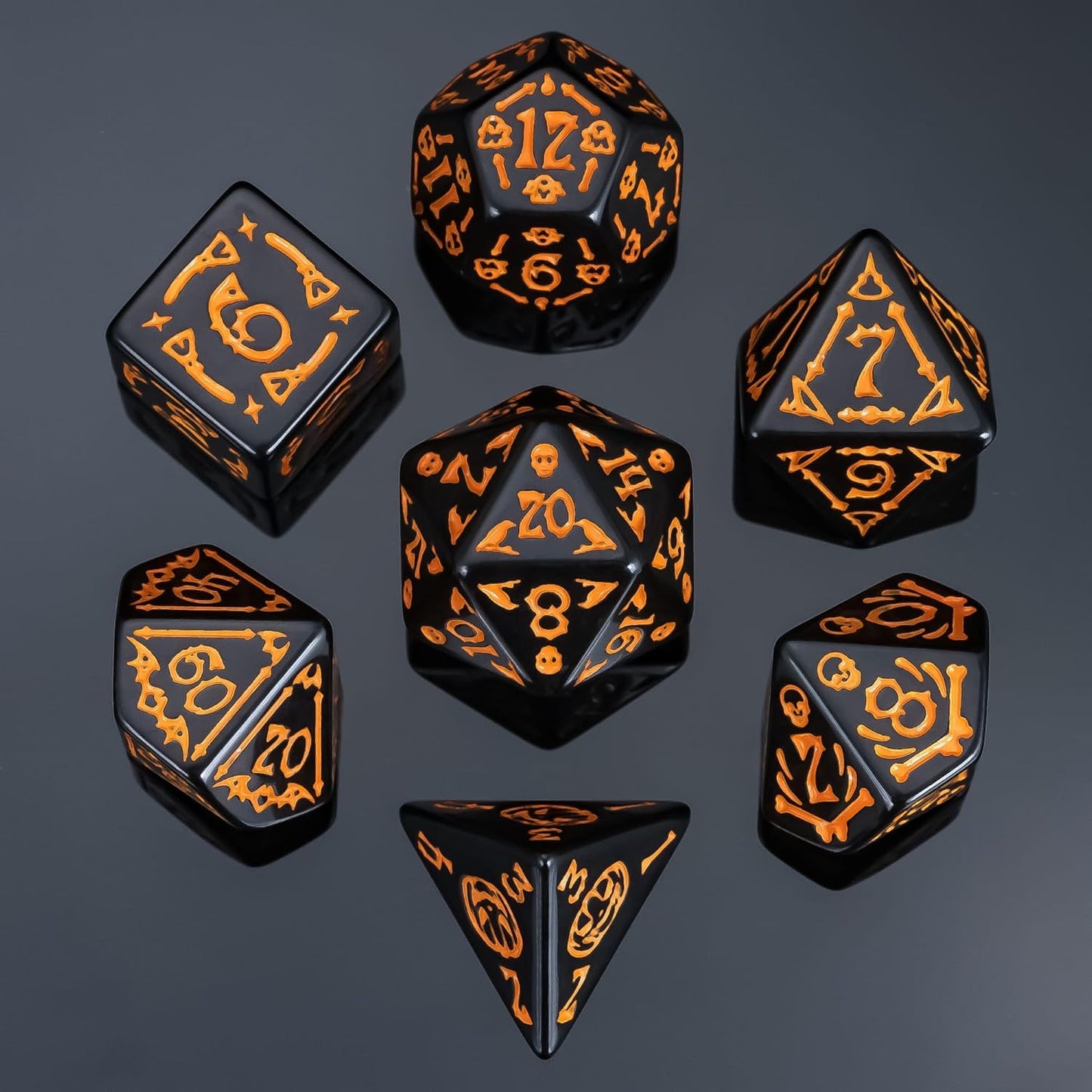 7-Die DND Dice Set Halloween Pattern Polyhedral Dice Set with Leather Bag, Skull Dice D&D Dice Set for RPG Table Games (Halloween Pattern-Black)