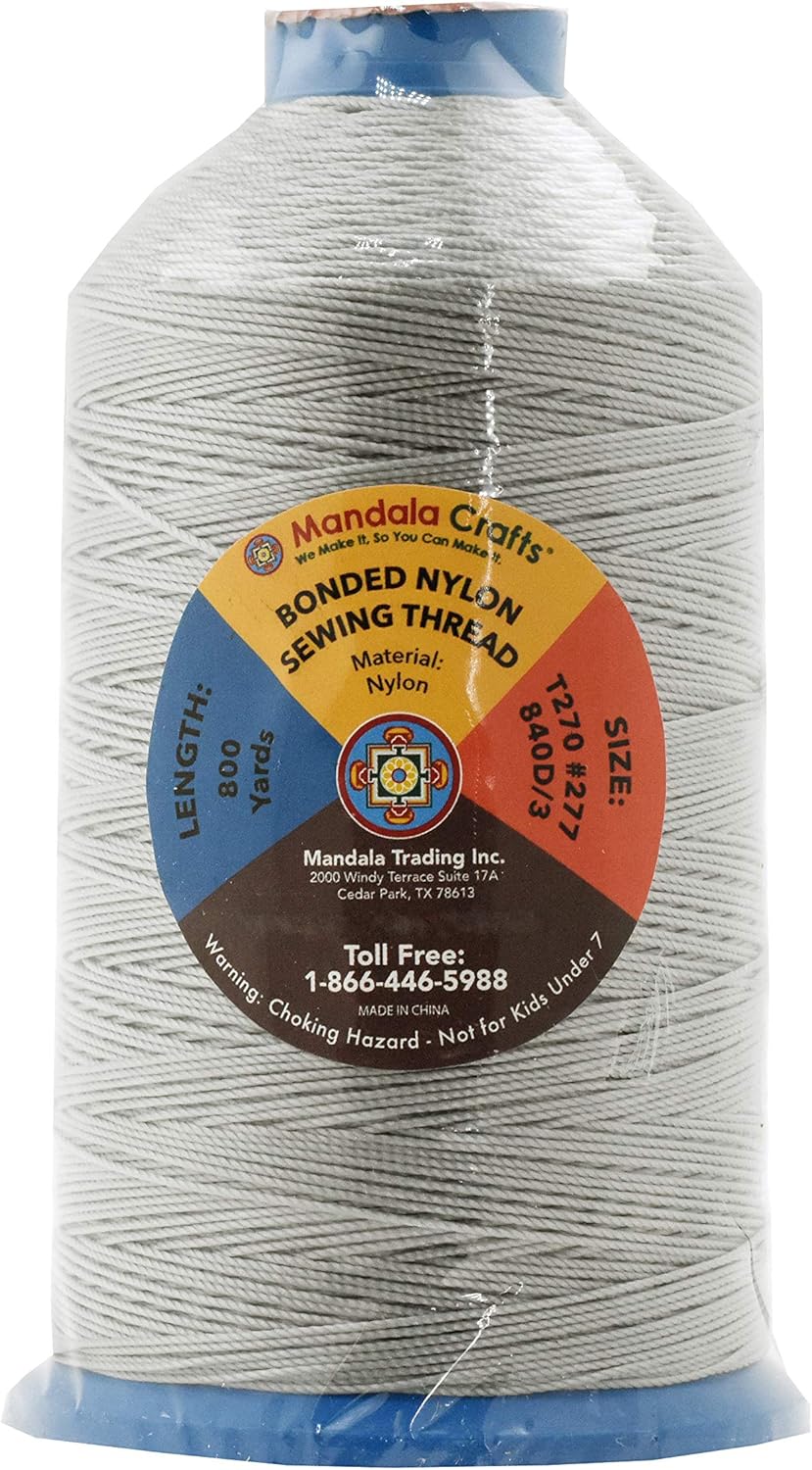 Mandala Crafts Bonded Nylon Thread Gray Heavy Duty Sewing Threads - 800 YDs Size 277 840D T270 Tex 270 Thread for Leather Jeans Weaving Outdoor Marine Upholstery Threads