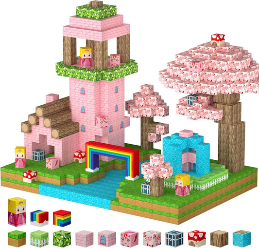 100PCS Magnetic Blocks - Princess Castle Building Forest World Set, STEM Sensory Gifts for Princess, Creative Kids Games, Building Toys for 3+ Years Old Girls, Magnets Game for Toddler (Pink)