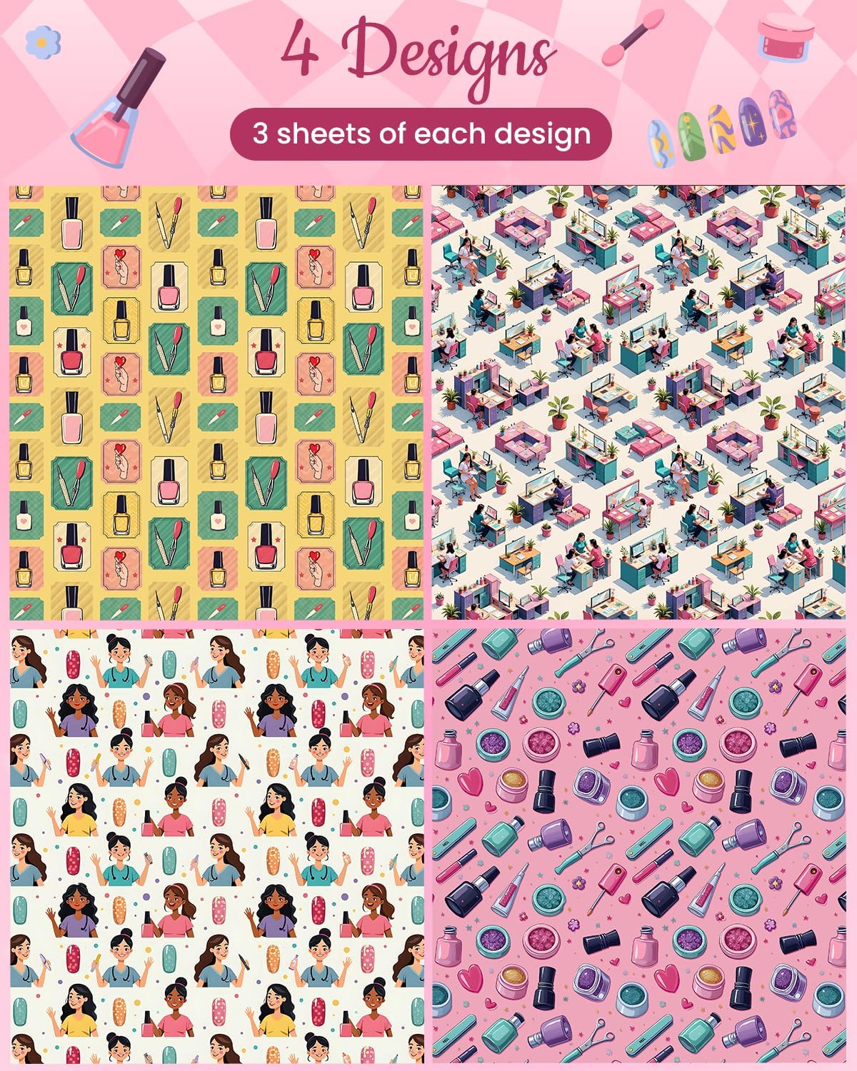 Pineraap 12 Sheets Nail Art Wrapping Paper, Manicure Gift Wrap Paper with Nails Polish Bottles & Salon Scenes, Folded Flat Paper for Nail Art Lovers Birthday DIY Crafts, 19.7 x 27.6 Inch