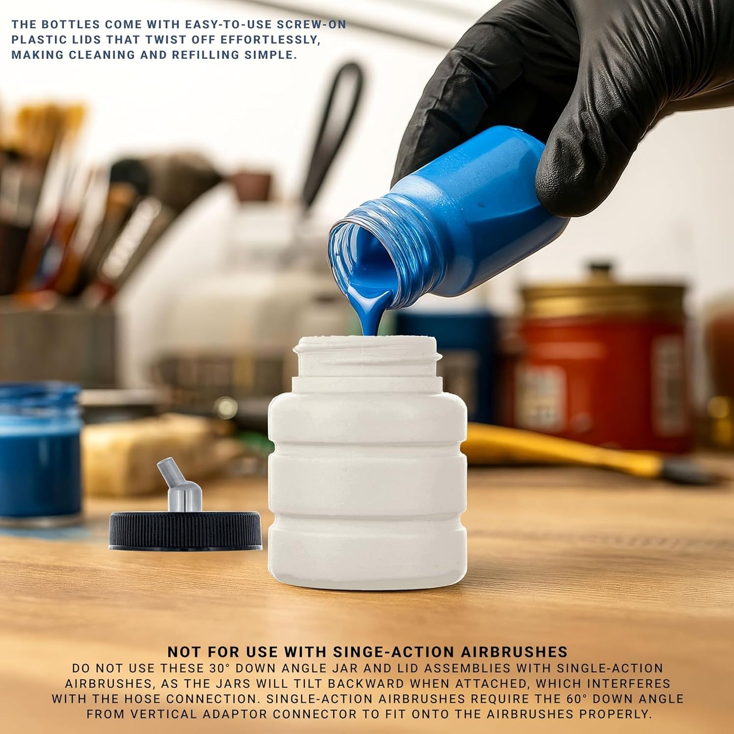 Master Airbrush (Pack of 10) TB-006 Empty 2.7-Ounce (80cc) Plastic Jar Bottles with 30° Down Angle Adaptor Lid Assembly - Fits Dual-Action Siphon Feed Airbrushes, Use with Master, Badger Paasche Iwata