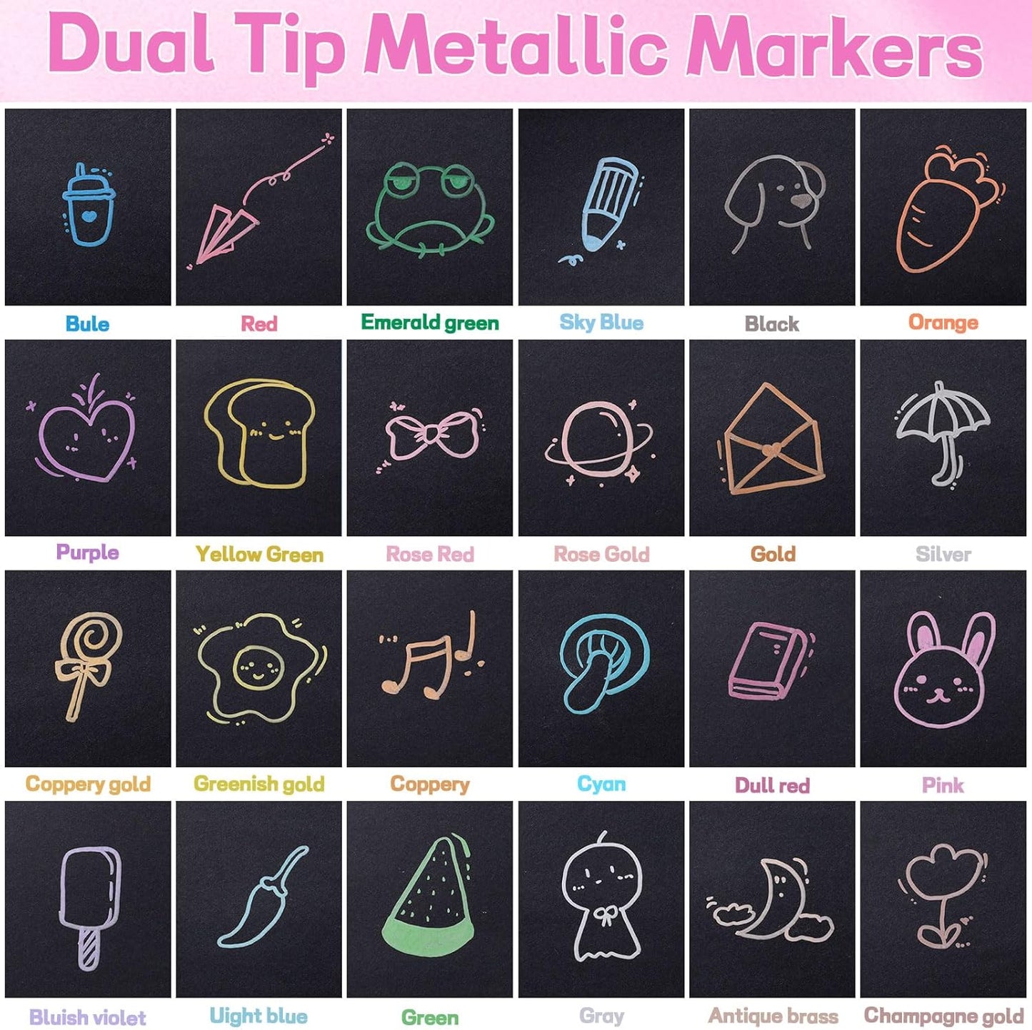 24 Pack Metallic Markers, Dual Tip Glitter Pens for Black Paper & Rock Painting Metallic Acrylic Paint Markers for DIY Crafts, Scrapbooking, Glass, Wood, Cards Alcohol Based Quick Dry Ink