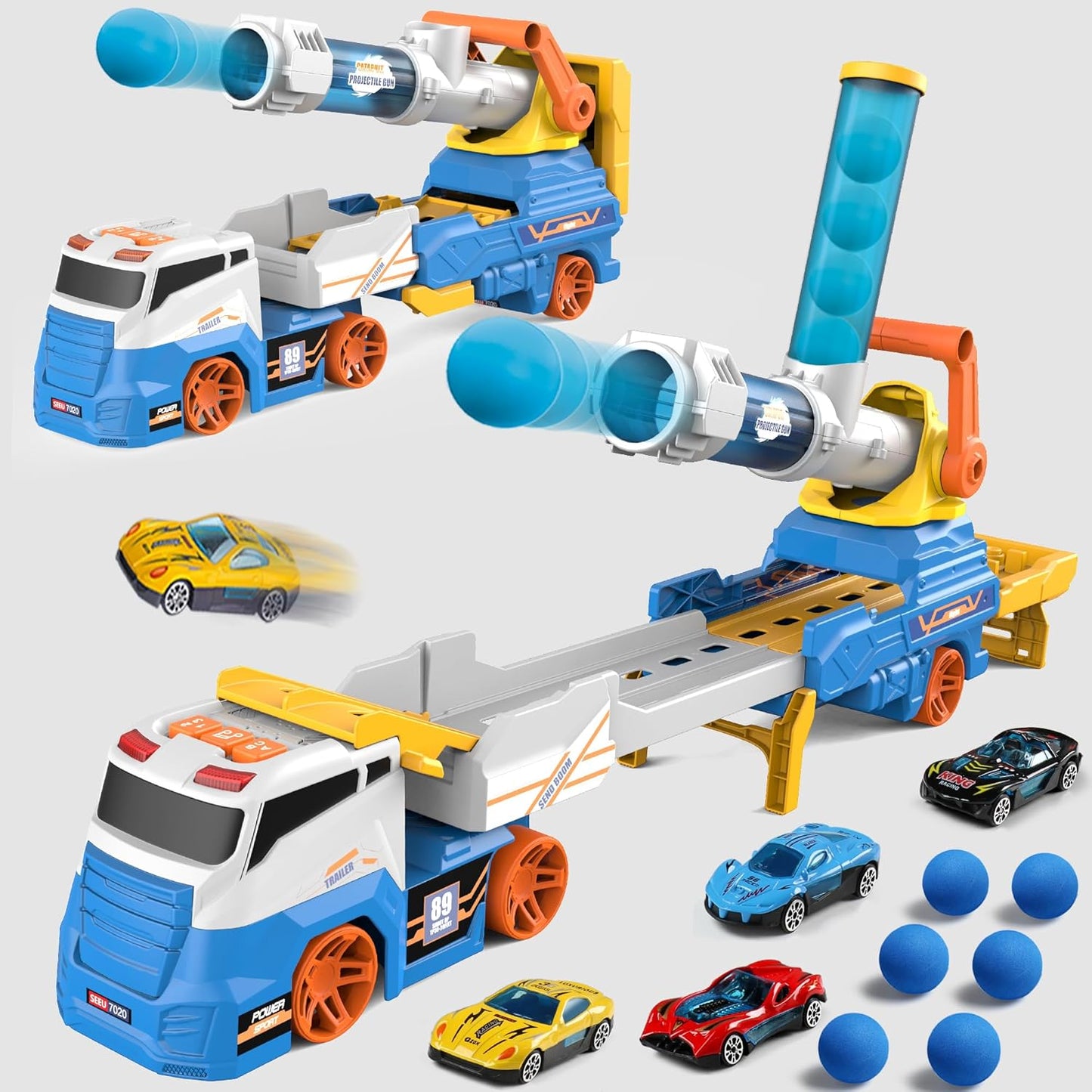 Dwi Dowellin Truck Toys for Kids, 28" Large Car Toys Include 4 Racing Cars+6 Ball, with Light & Sounds, Eejection&Shooting Transport Cars Toy, Gifts for Boys Girls 3-12 Year Old-Blue