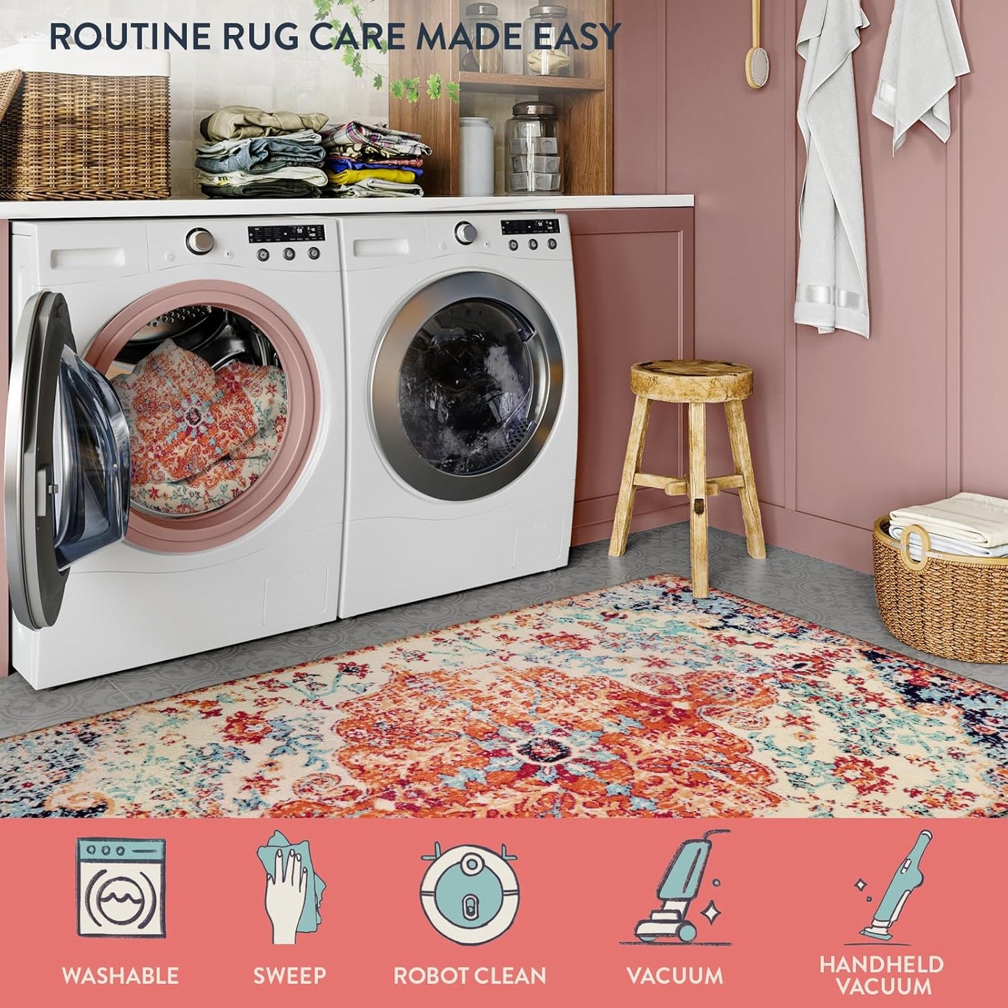 Lahome Floral Washable Kitchen Runner Rug - 2x6 Hallway Entryway Runner Rug, Oriental Medallion Distressed Non-Slip Mat, Bohemian Low-Pile Floor Carpet Runners for Bathroom Laundry Bedside, Orange