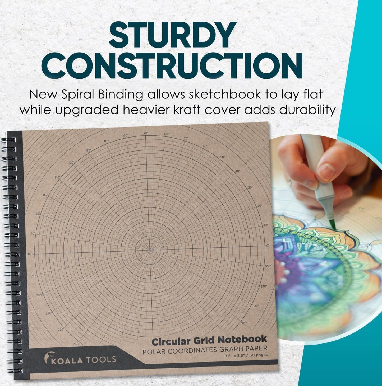 KOALA TOOLS - Circular Grid Sketchbook with Polar Coordinate Graph Paper, Polar Grid for Circular Designs, Mandala, and Geometric Patterns, 8.5 x 8.5 inches, 60 pages - Pack of 3