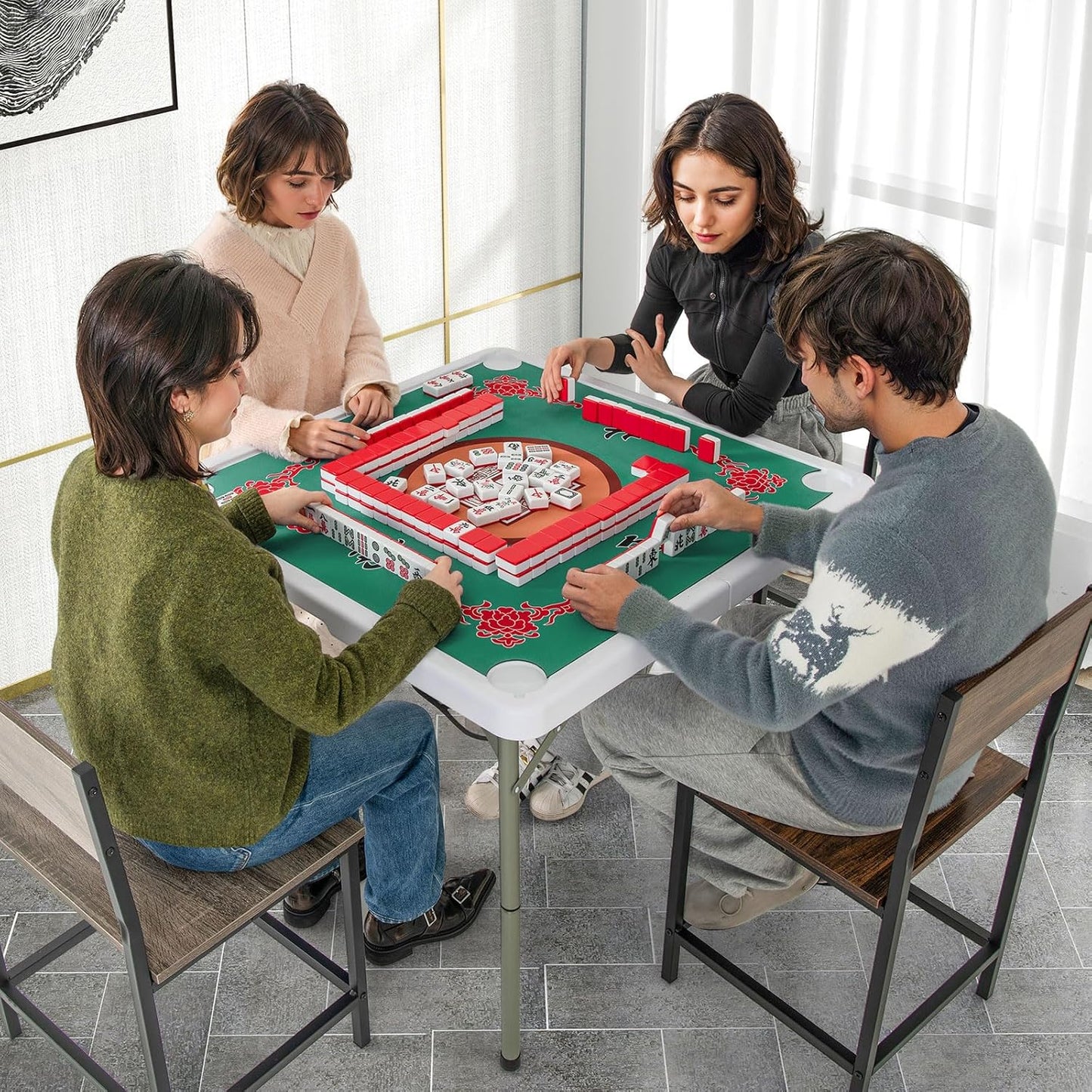 Giantex Folding Mahjong Table, 35" Square Card Table with Cup Holders, Removable Noise Reduction Mat, HDPE Tabletop, 4-Player Portable Domino Tables for Poker Blackjack Board Game (Green)