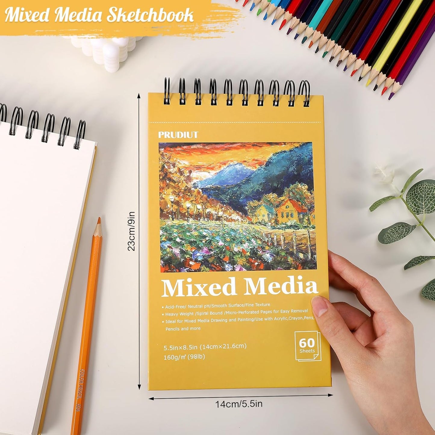 A5 Sketchbook, 2 Pack Mixed Media Sketchbook 120 Sheets Total, 98lb/160g/m² Heavy Weight Spiral Artist Sketchbook for Sketching, Crayons, Acrylics, Crafts, Ideal Gift