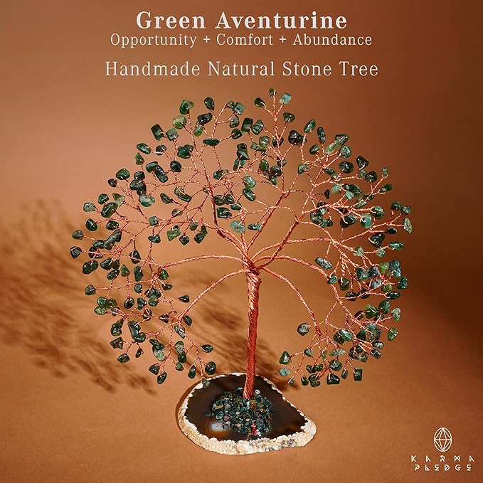 KARMAPLEDGE Crystal Tree Home and Office Decoration, Green Aventurine Healing Stones Handmade Crystal Decor Tree of Life for Positive Energy, Good Luck, Money and Spiritual Gifts for Women