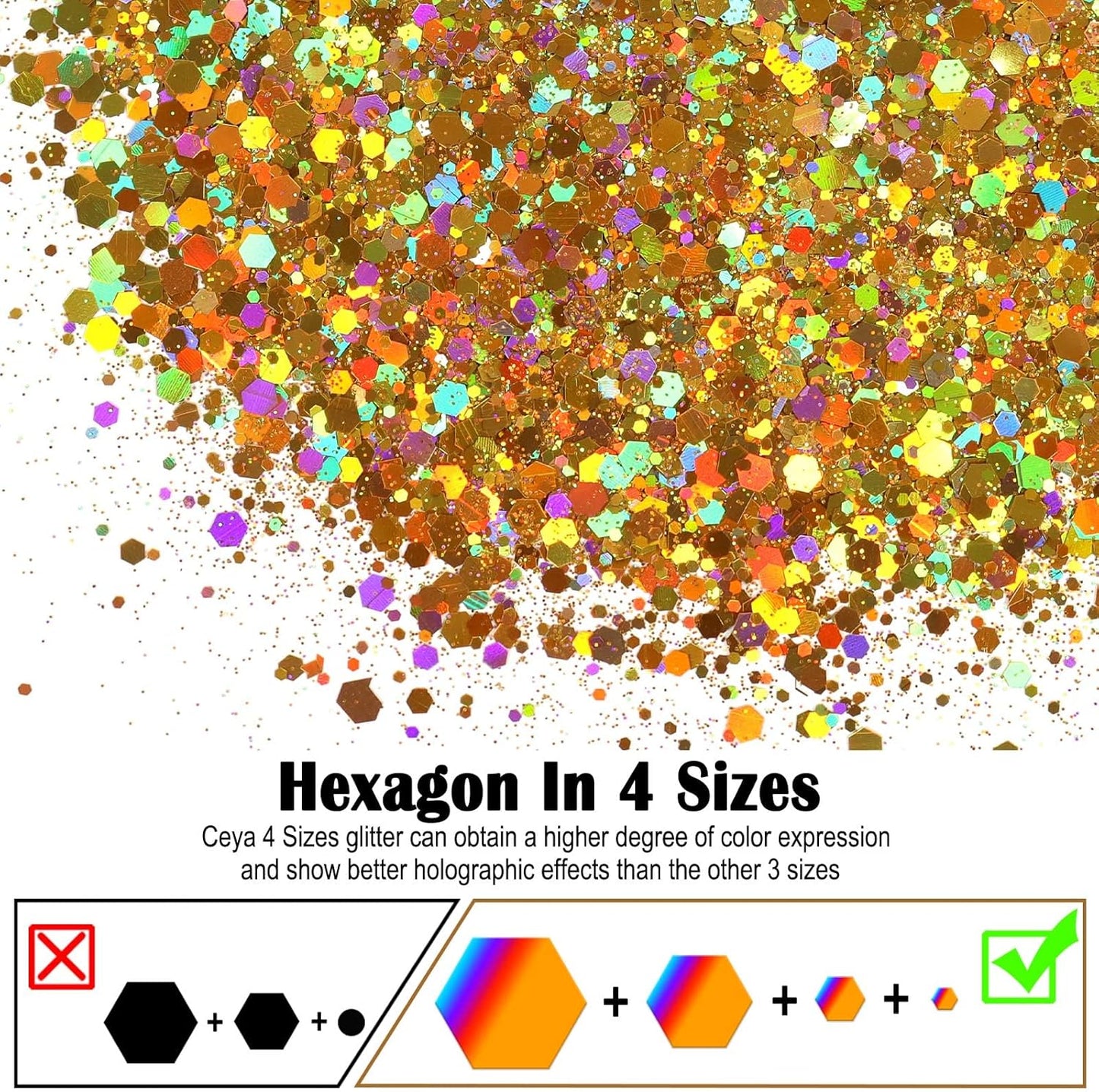 Ceya Holographic Chunky Glitter, 4.9oz/ 140g Gold Craft Glitter Powder Mixed Chunky & Fine Flakes Iridescent Nail Sequins for Nail Art, Hair, Epoxy Resin, Tumblers, Slime, Painting, Festival Decor