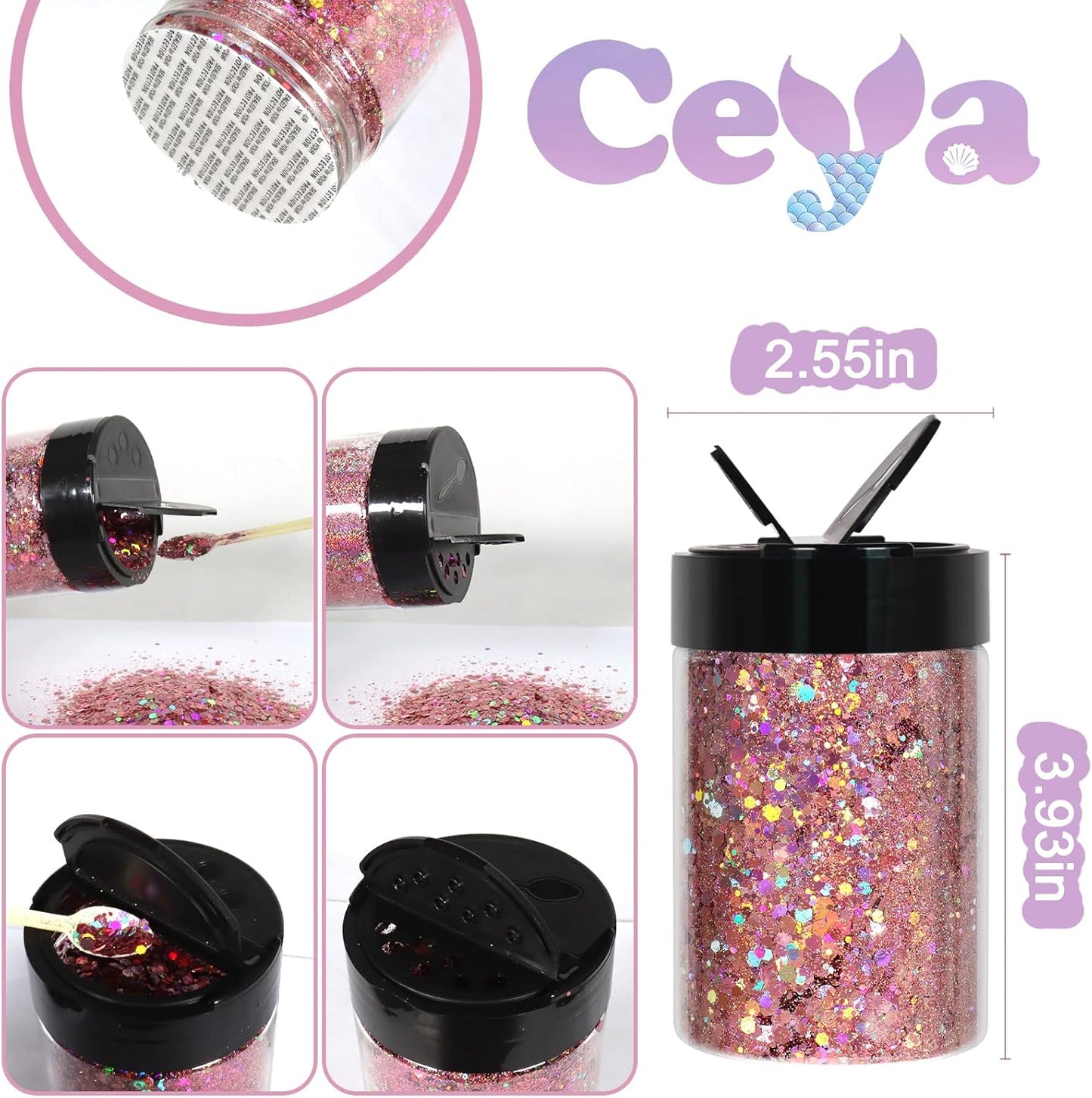 Ceya Holographic Chunky Glitter, 4.9oz/ 140g Pink Mauve Craft Glitter Powder Mixed Fine Flakes Iridescent Nail Sequins for Roses Nail Art, Hair, Epoxy Resin, Tumblers, Slime, Painting, Festival Decor
