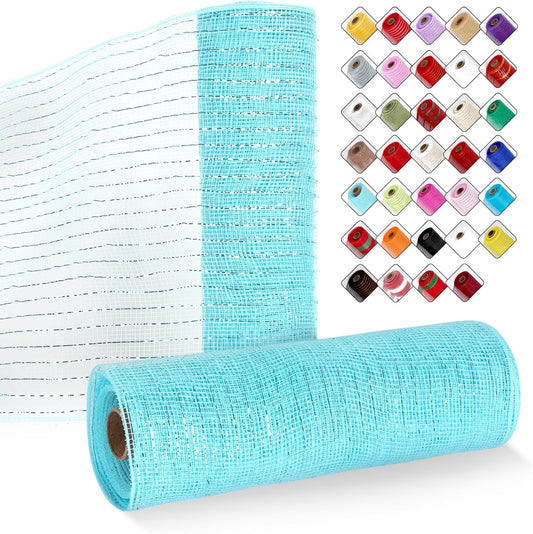 2 Rolls Mesh Ribbon for Wreaths 10 Inch x 30 Foot Wreath Mesh Rolls with Metallic Foil for Easter Christmas Party Wedding Home Decor DIY Craft Projects and Gift Wrapping (Light Blue)