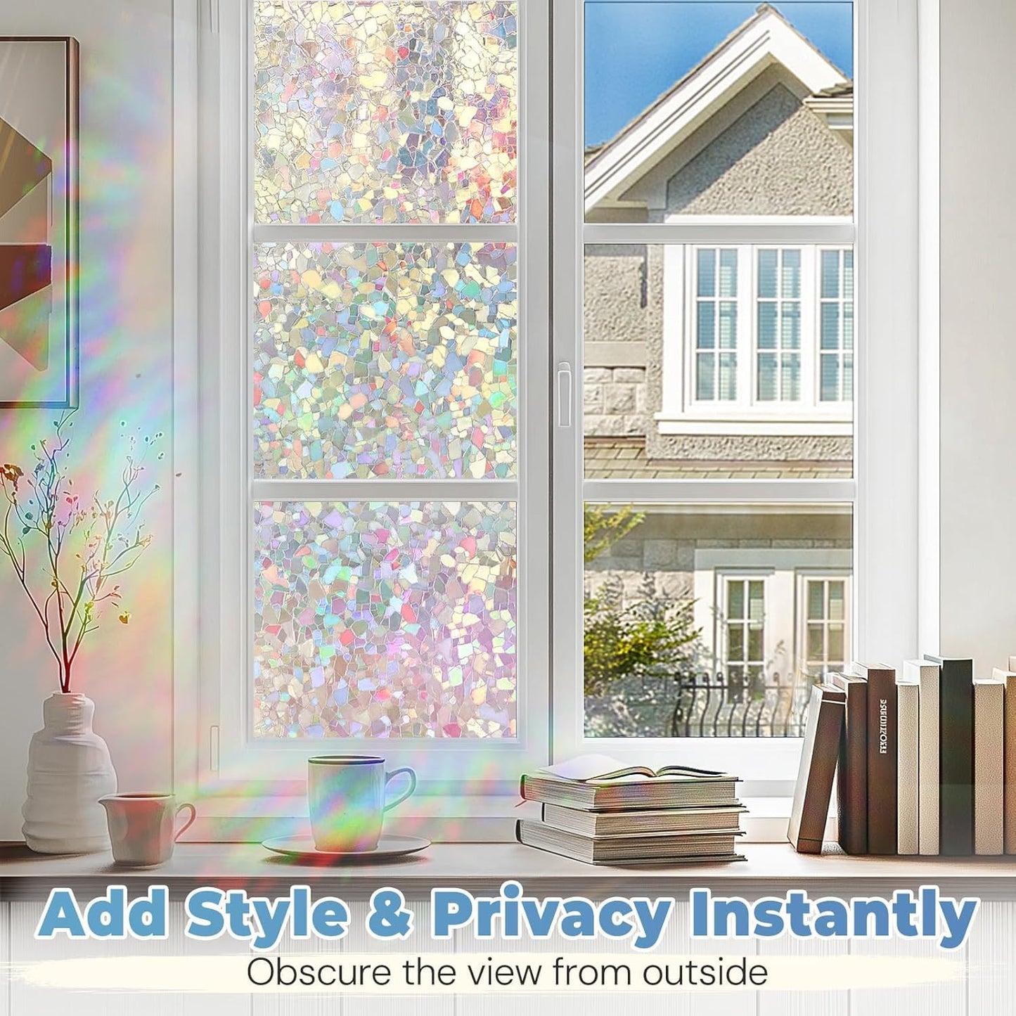 DOWELL Window Privacy Film Rainbow Film, Stained Glass Decorative Sticker, Static Cling Non-Adhesive Glass Clings, Sun Blocking Heat Control Window Coverings for Home Door, 23.6" x 157.4"