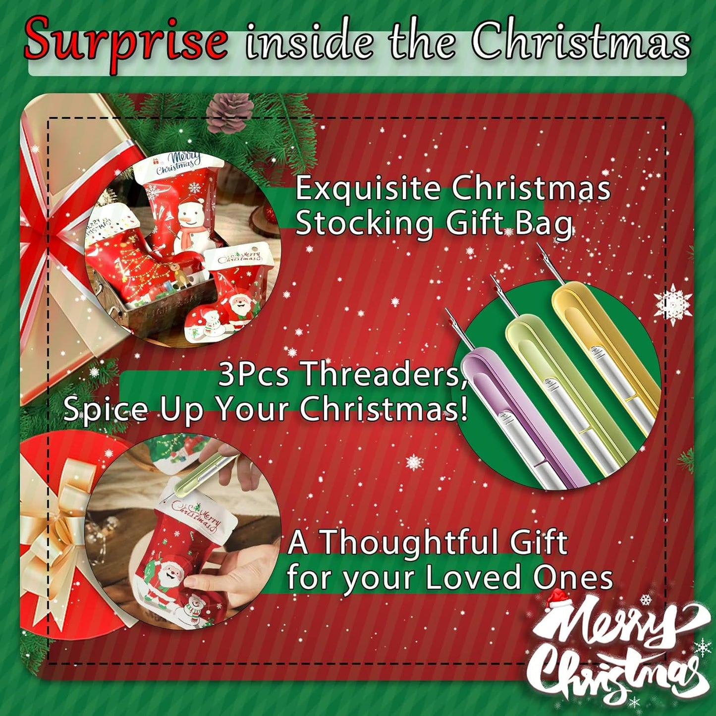 Upgraded 2 in 1 Automatic Needle Threaders Seam Ripper,Quilting Supplies Sewing Kit,Quick Sewing Machine Loop Needle Threaders (Christmas Limited Edition Red-3pcs)