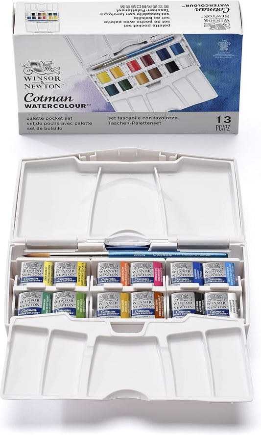 Winsor & Newton Cotman Watercolor Paint Set, Palette Pocket Set, 12 Half Pan w/ Brush