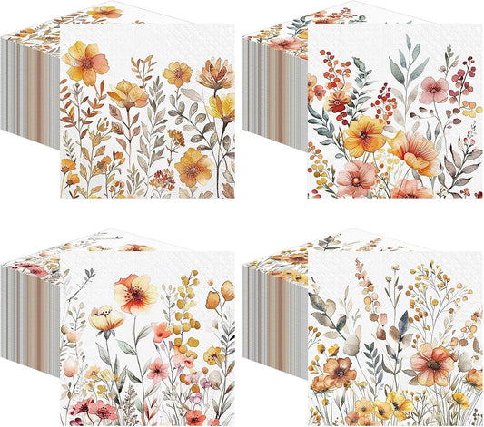 Fulmoon 200 Pieces Fall Floral Cocktail Napkins Disposable Thanksgiving Day Flower Decoupage Paper Napkins Vintage Wildflower Beverage Towel for Autumn Fall Party Favor Supplies