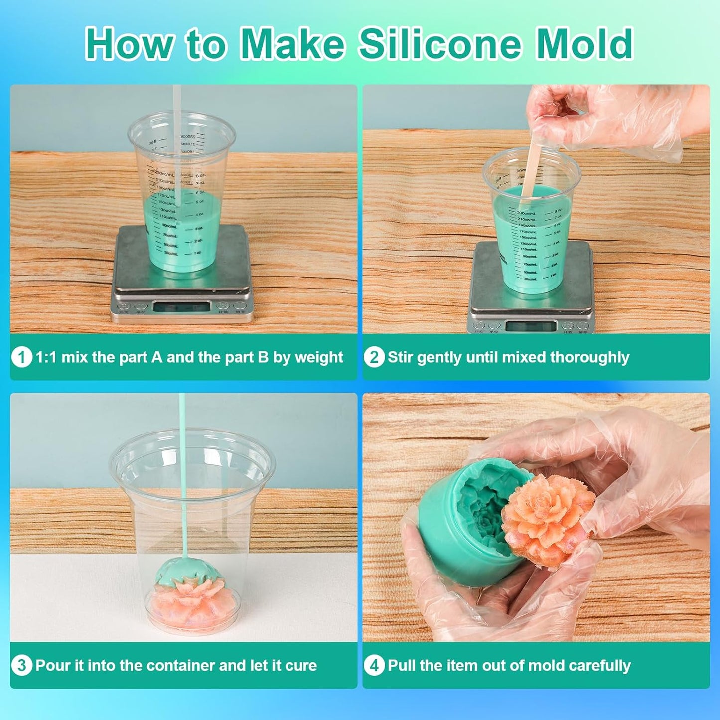 22 oz Liquid Silicone Mold Making Kit, 15A Mold Making Liquid Silicone Rubber, Volume Ratio 1:1, Color Jade Green, Suitable for Making Silicone Molds for Resin, Soap, Concrete, Wax
