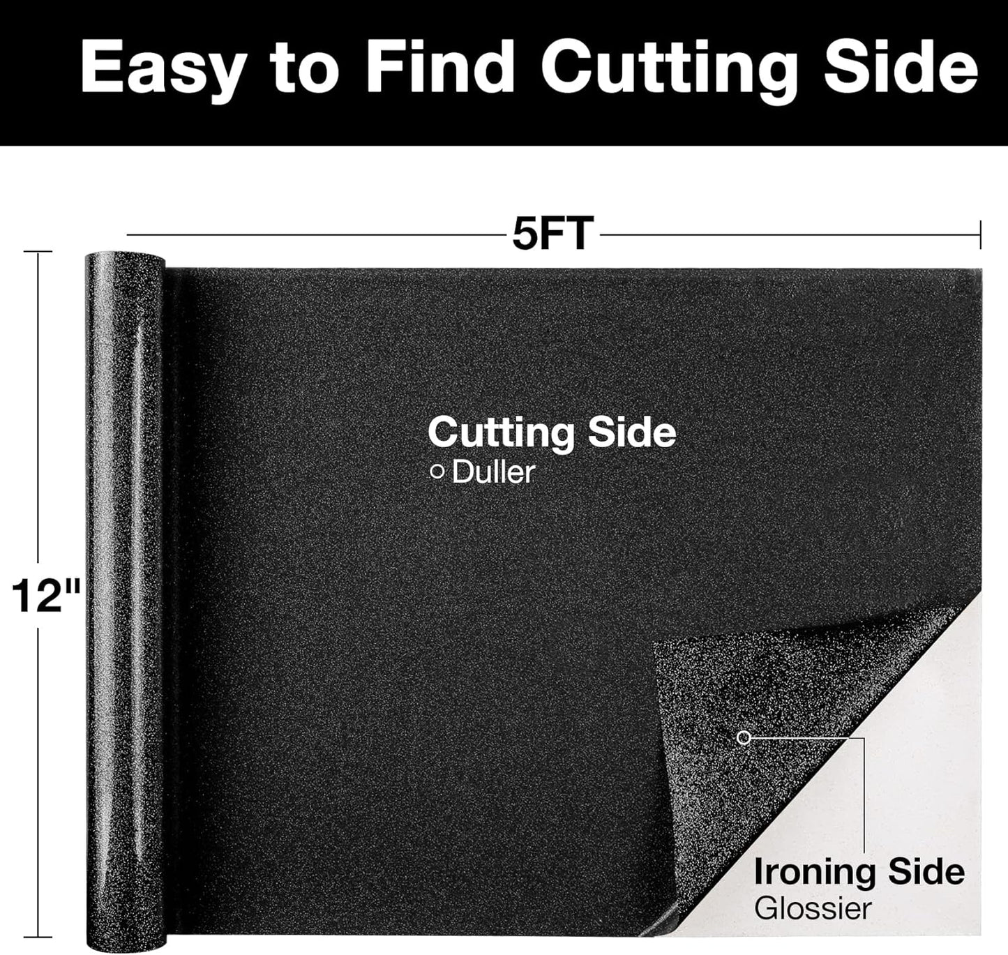 TORC Black Glitter HTV Heat Transfer Vinyl Roll 12 inch x 5 ft Iron on Vinyl for T Shirts Crafts