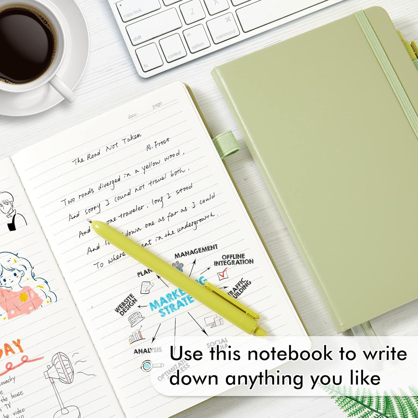 feela 5 Pack Notebooks Journals Bulk, Hardcover Classic Ruled Lined Journals with Pen Holder for Women Girls School Business Supplies, with 5 Black Pens, 120 GSM, 5.1”x8.3”, A5, Avocado Green