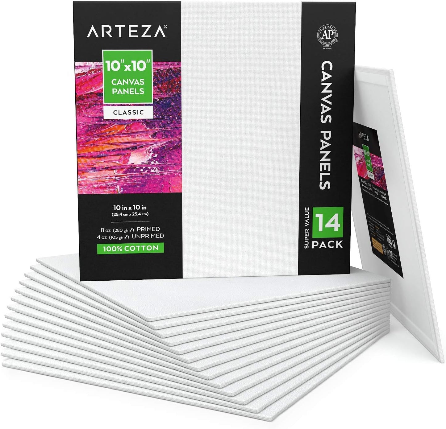 ARTEZA Canvas Boards for Painting, 10 x 10 Inches, Pack of 14, Blank White Square Canvas Panels for Acrylic, Oil and Gouache Painting