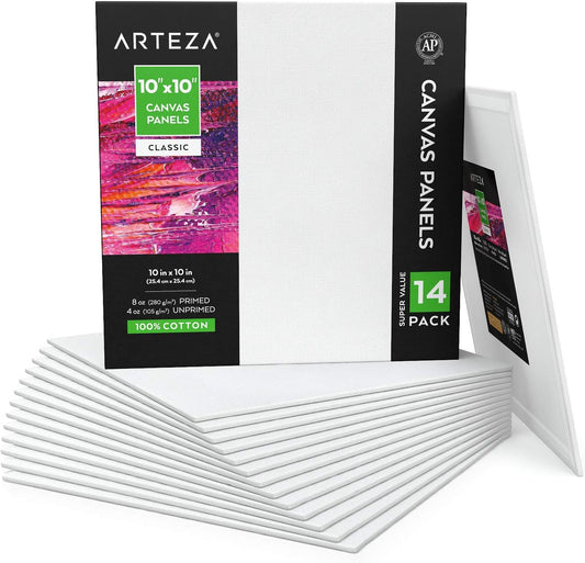 ARTEZA Canvas Boards for Painting, 10 x 10 Inches, Pack of 14, Blank White Square Canvas Panels for Acrylic, Oil and Gouache Painting