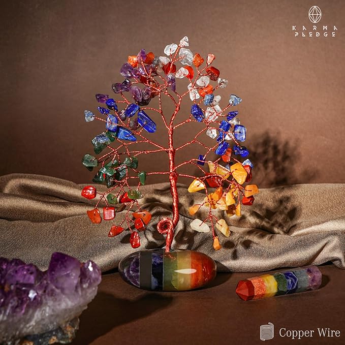 KARMAPLEDGE Crystal Tree of Life Home and Office Feng Shui Decor, 7 Chakara Healing Crystal Handmade Bonsai Tree for Positive Energy, Good Luck, Money, Christmas Decor, Birthday Gifts for Women, Mom