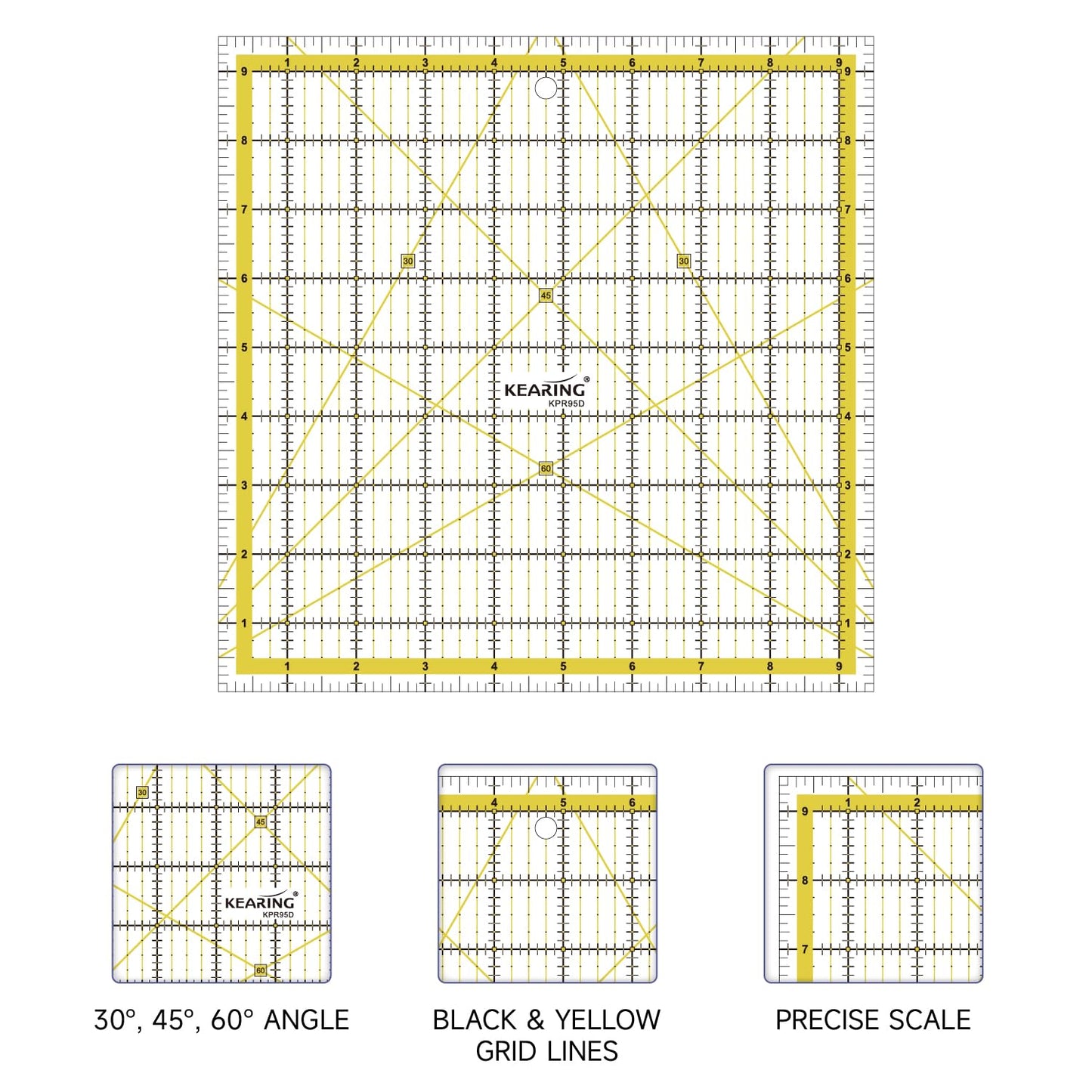 KERING Square Quilting Ruler - 9.5x9.5 inch Anti-Slip Acrylic Ruler for Patchwork Piecing, Bias Strips & Rotary Cutting, Professional Quilter's Tool with Dual-Angle Guide