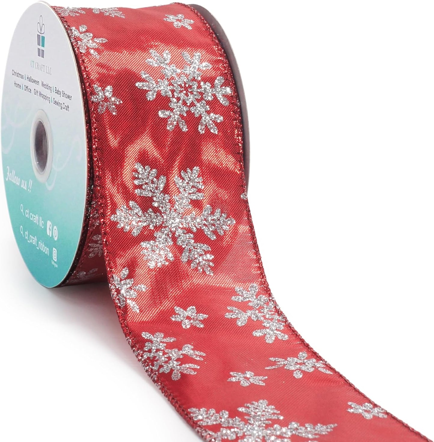 CT CRAFT LLC Red Metallic with Silver Glitter Snowflake Wired Ribbon 2.5 Inch x 25 Yards for Christmas Home Decor Tree Topper Bow Gift Wrapping DIY Crafts Wreath Garland