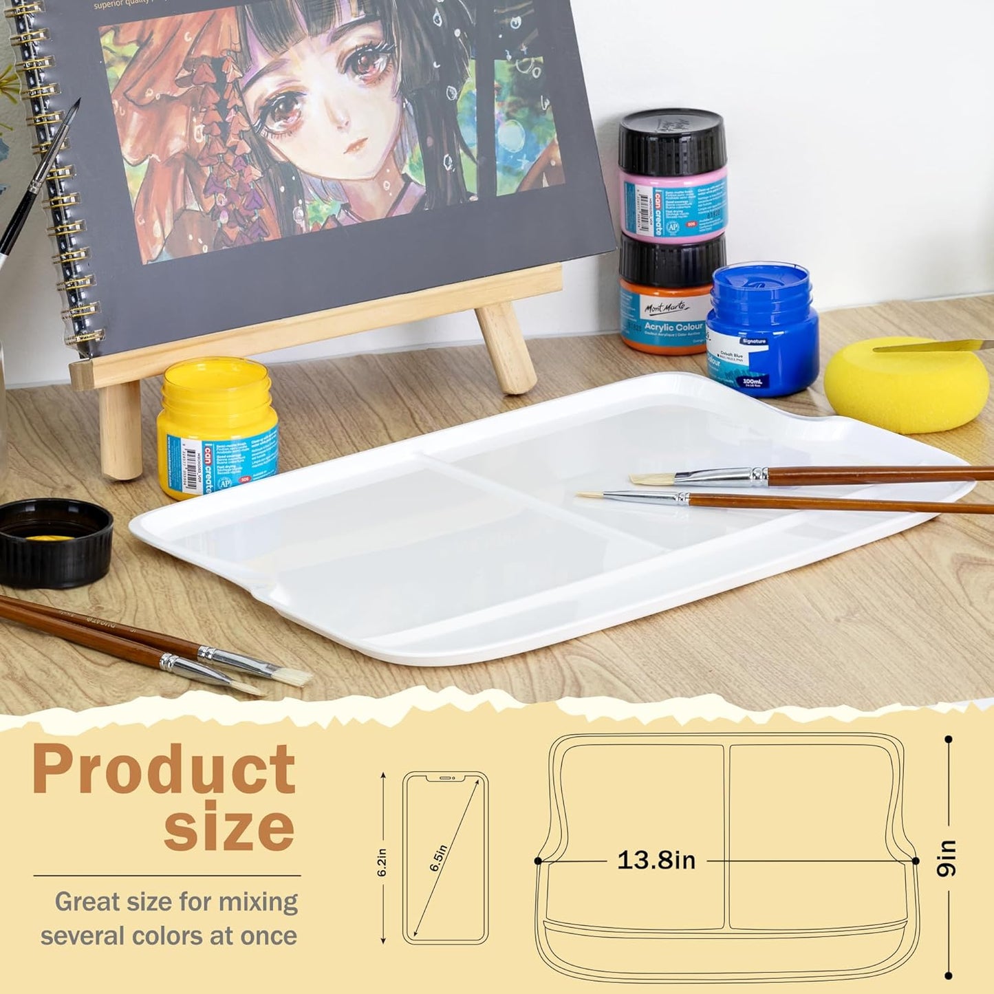 DUGATO Large Rectangular Paint Palettes (2 Pack, 13.8x9 inches) - 3 XL Well Plastic Mixing Trays for Acrylic, Oil, Watercolor & Gouache