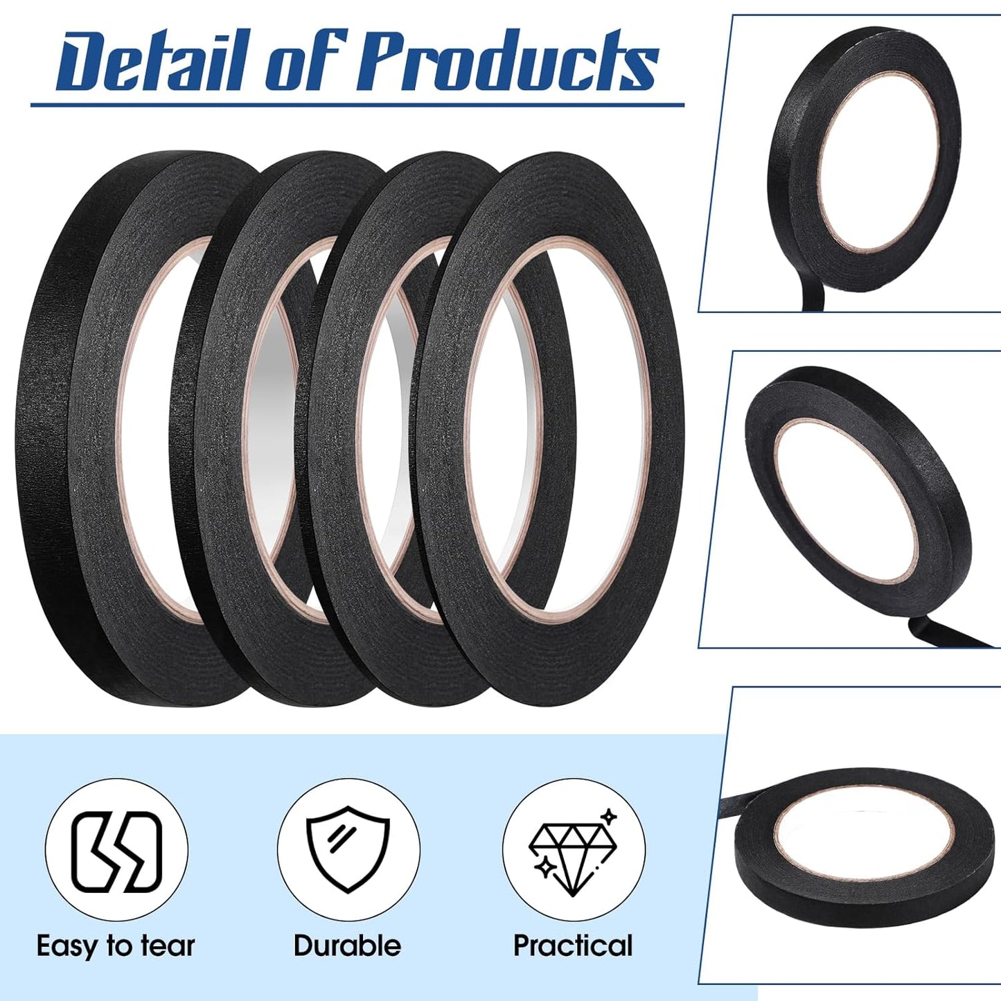 Epakh 4 Rolls Pinstripe Tape, Masking Tape in 1/16, 1/8, 1/4 and 1/2 Inch Wide, for Painters Automotive DIY Car Auto Paint Art(Black,55 yd)