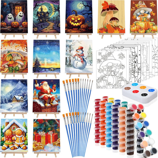 Zhanmai 12 Pack Pre Drawn Canvas for Painting Sip and Paint Kit 8" x 10" Paint Party Set Canvas Painting Pre Printed Canvases for Party Favor DIY Virtual Adult's Date Night(Various Festivals)