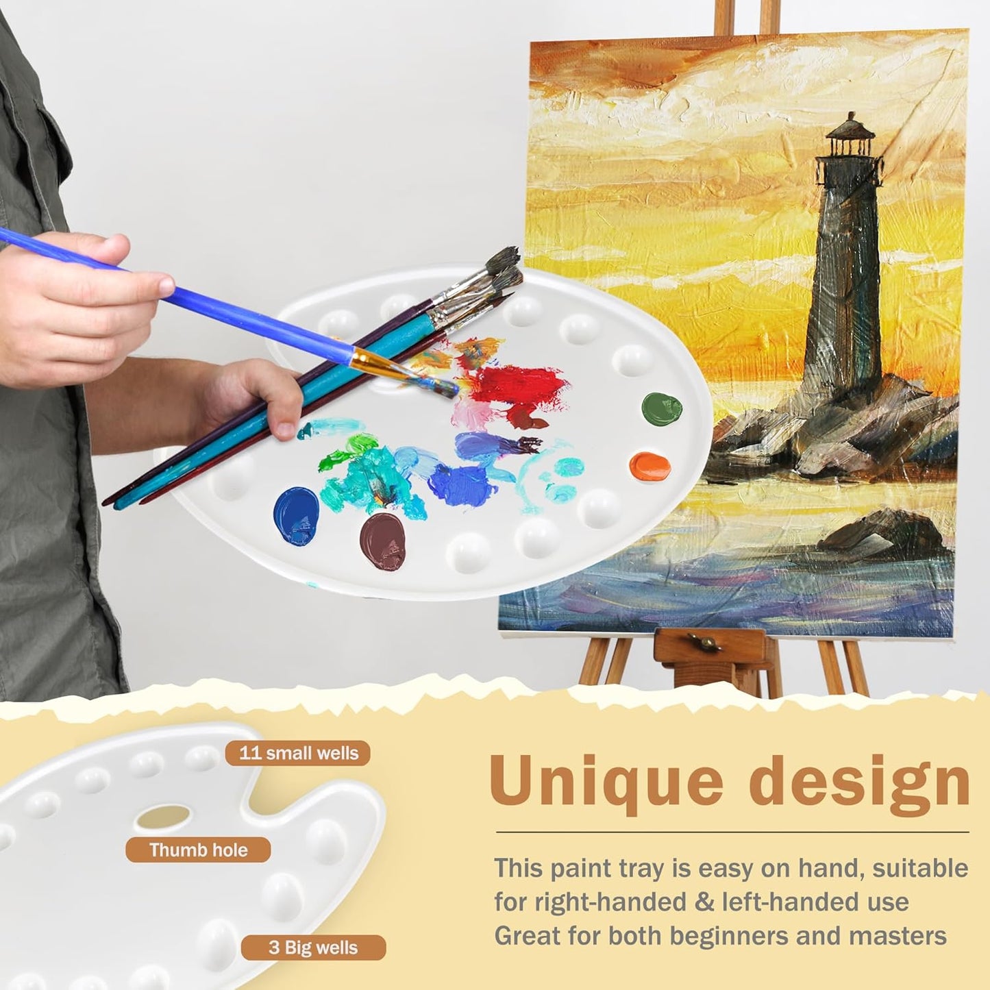 DUGATO Large Oval Paint Palettes (2 Pack, 14x10.5 inches) - 14-Well Plastic Mixing Trays for Acrylic, Oil, Watercolor & Gouache - Artist Supplies