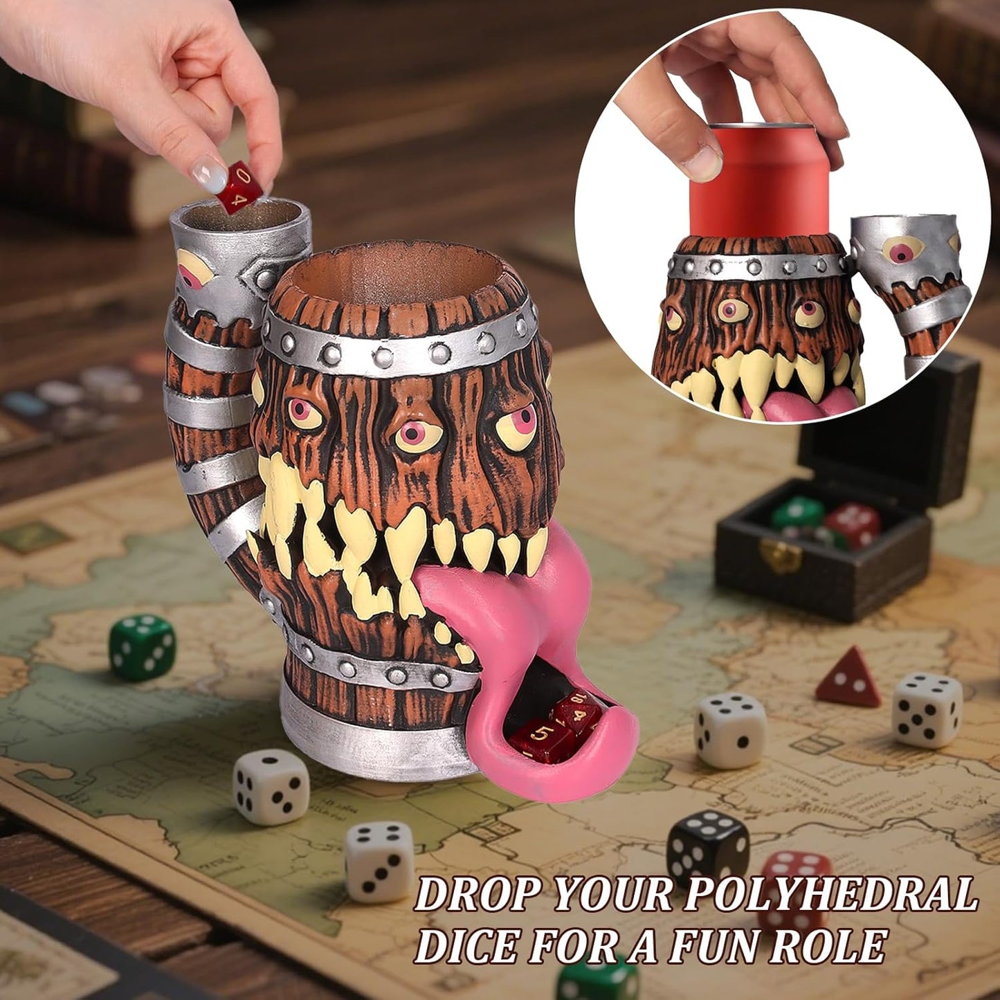 Dice Tower Mug, Dice Rolling Tower, Comes with 7 PCS Dice Set, Suitable for DND Dungeons and Dragons, Tabletop Games, Available As Drink Holder, D&D Gifts, DND Accessories (Original Wood)