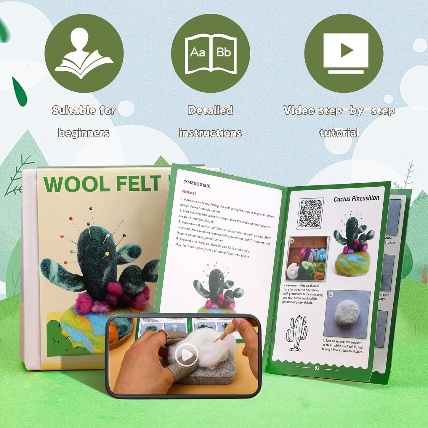 Yizzvb Needle Felting Kit for Beginners Adults, Complete Plant Wool Felting Set with 100pcs Sewing Pins, Felting Needles, Wool, Pad & Instructions, DIY Craft Kit for Home Decor & Creative Projects