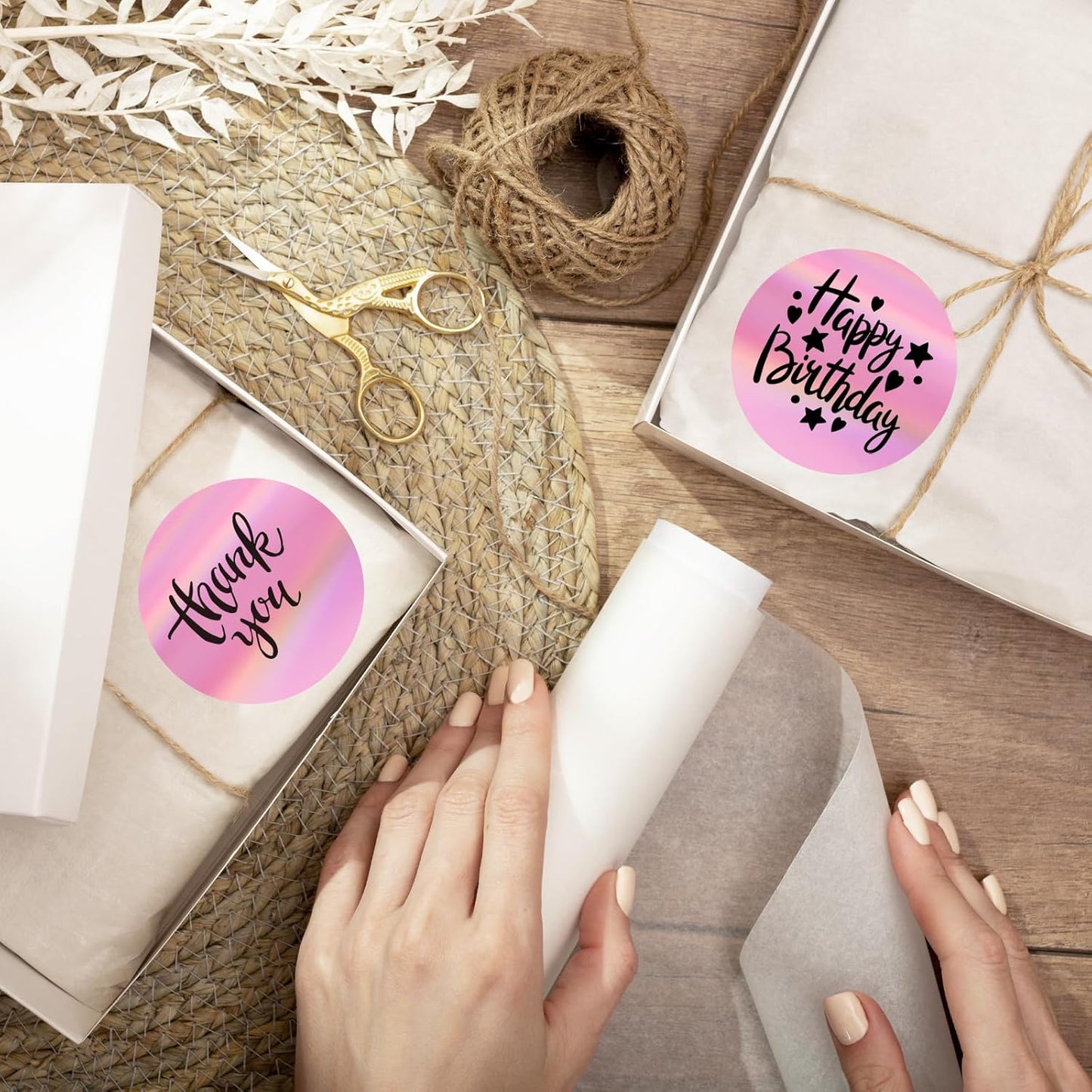 2" Circle Holographic Thermal Label Stickers Pink, Round Printable Rainbow Thermal Sticker for Gift Wrapping, Self-Adhesive/Perforation Line Design