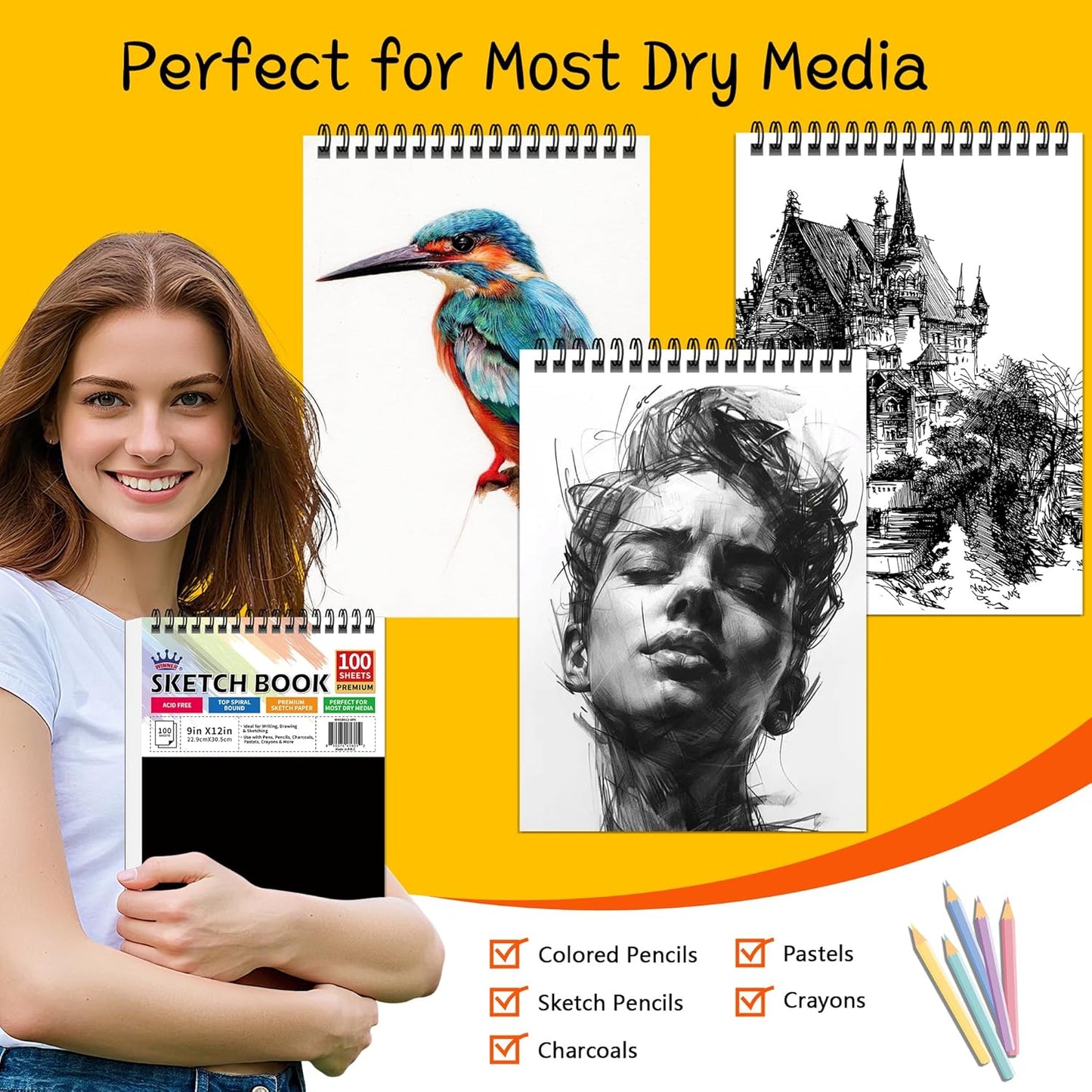 WINNER 9" x 12" Sketch Book 4 Pack, 400 Sheets Spiral Bound Art Sketchbook, 68lb/100gsm White Acid Free Drawing Pad, Painting Drawing Writing Sketch Pad, Art Supplies for School, Kids, Adults &Teens