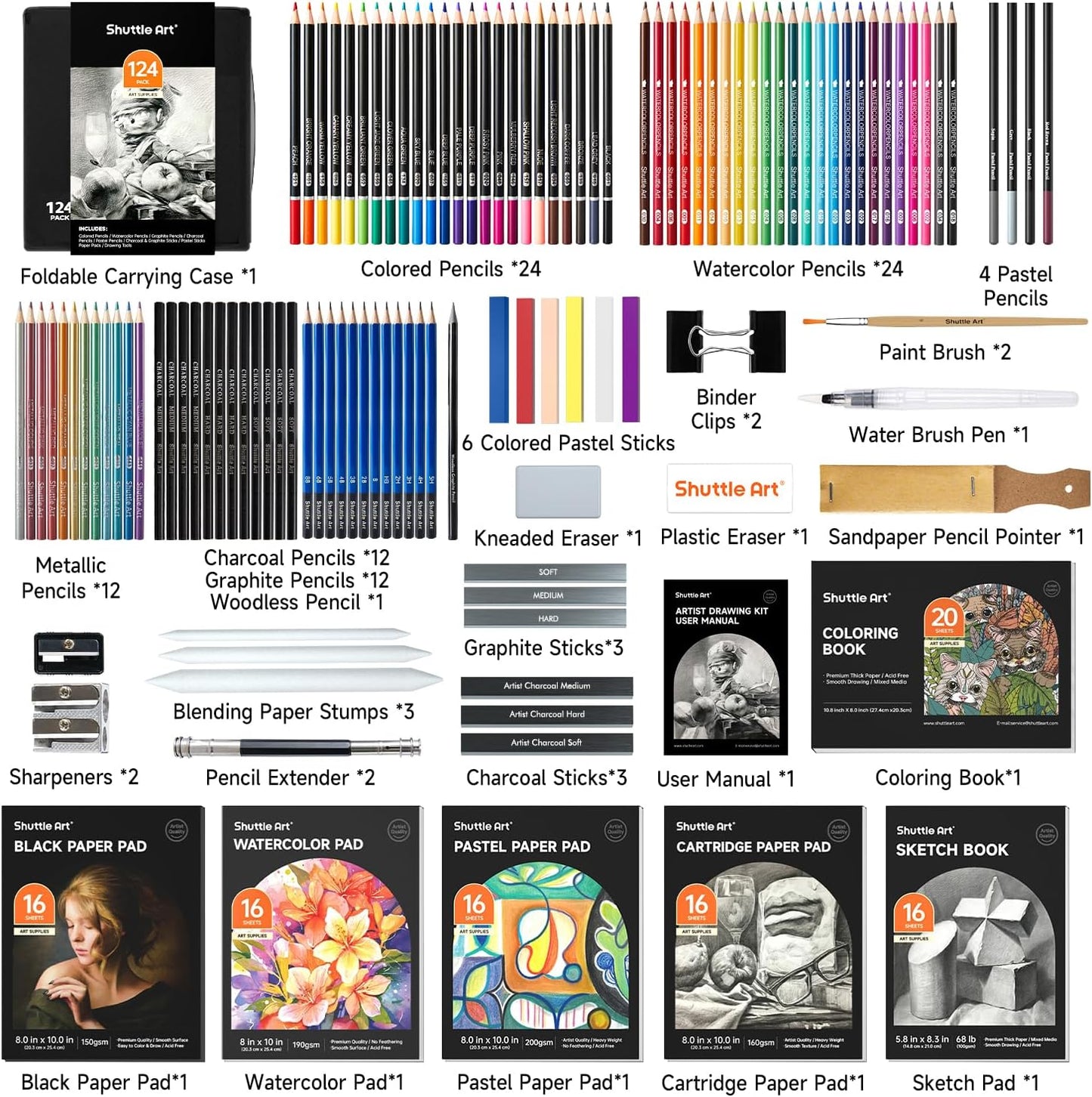 Shuttle Art 124 PCS Drawing Kit, Professional Drawing Supplies with Sketch, Charcoal, Colored, Graphite, Pastel Pencils & Sticks, Complete Drawing Tools and Paper Pads in Zipper Case for Artists&Kids