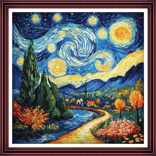 Redxing Stamped Cross Stitch Kits Full Range of Embroidery Starter Kits- Needlepoint Counted Cross Stitch Kits for Beginner Adults 11CT Printed Embroidery Kit-Van Gogh Starry Sky Garden 18x18 inch