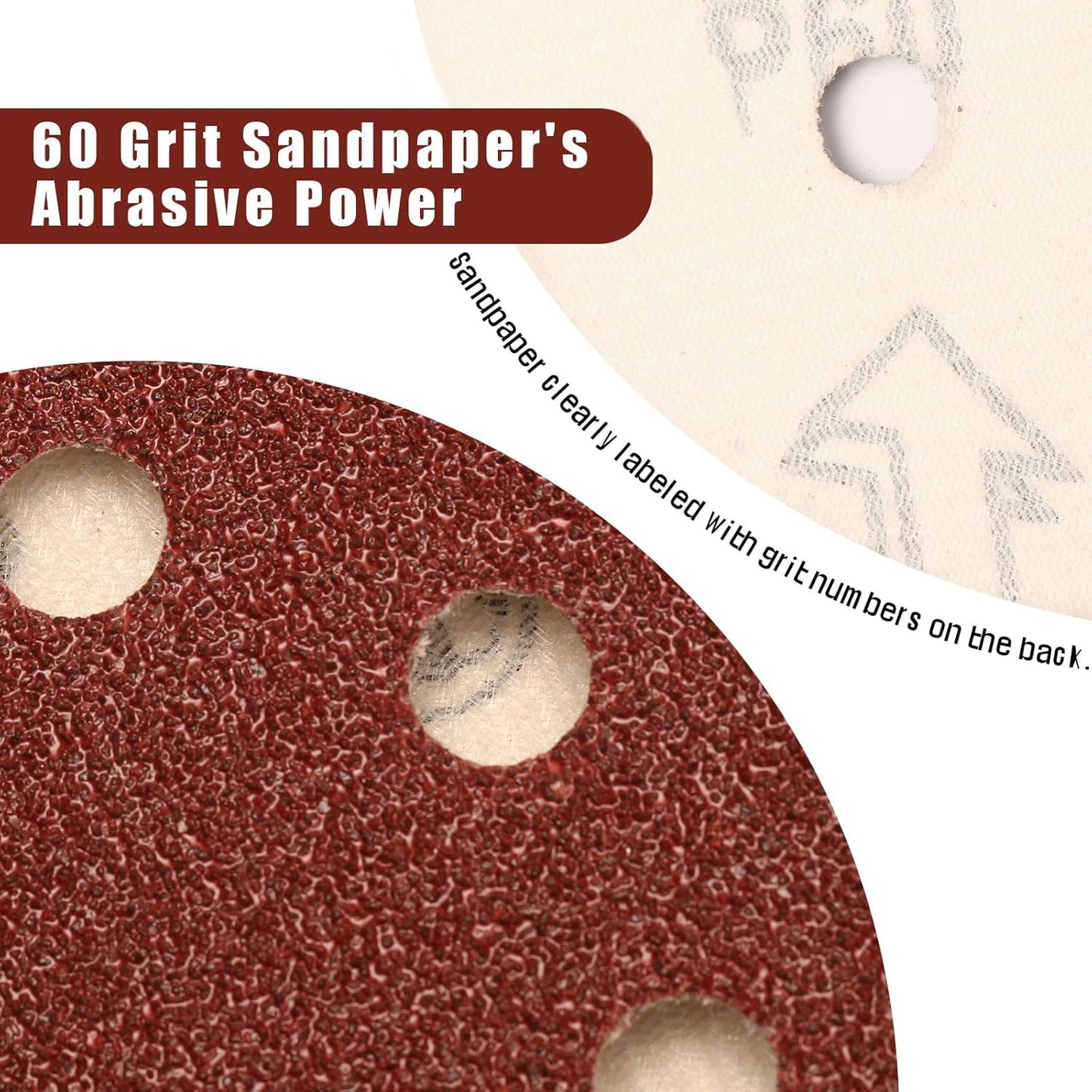 60 Grit 5 Inch Sanding Discs Hook and Loop Sandpaper, 150 PCS 8 Hole Adhesive Coarse Sand Paper for Random Orbital Sander