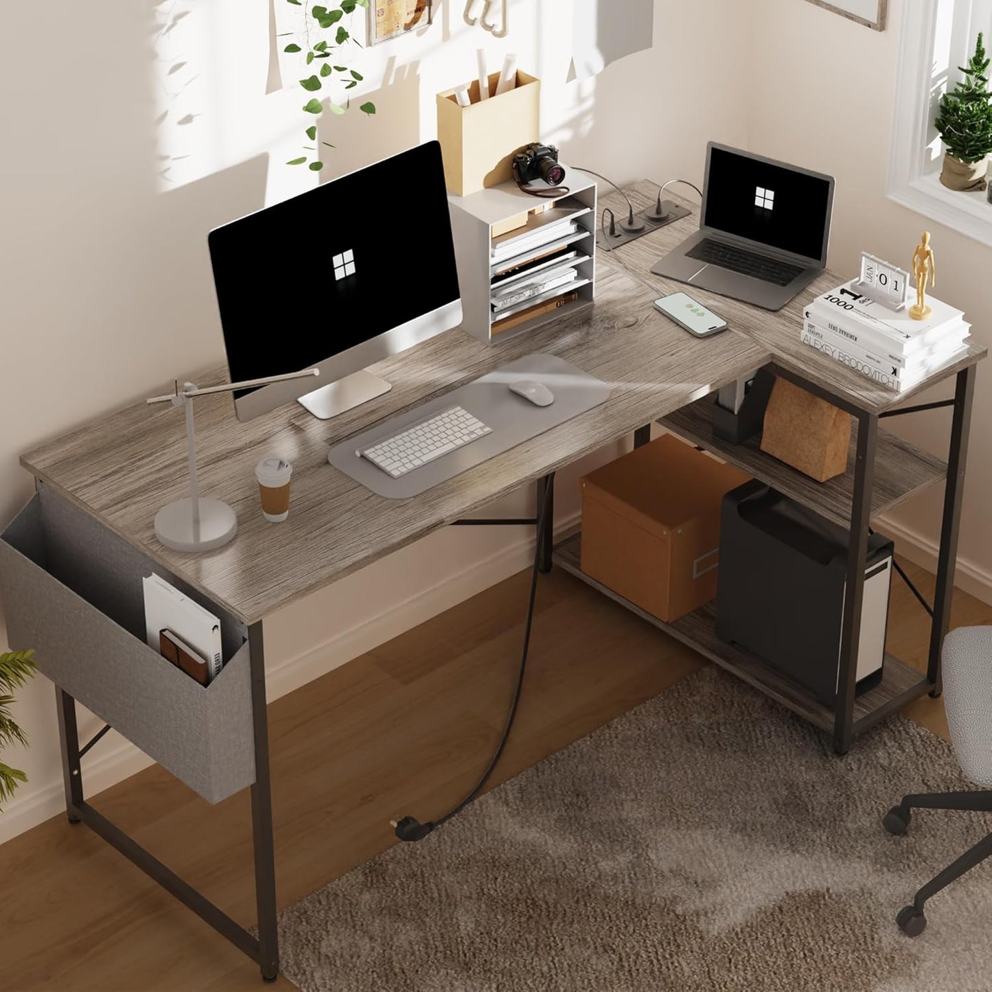 TIQLAB L Shaped Computer Desk with Power Outlets, 47 Inch Gaming Desk, Small Desk Corner Desk with Reversible Shelves, Study Desk Writing Desk for Home Office Bedroom, Work from Home, Beige, Grey