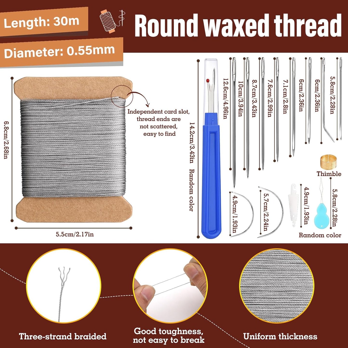 Upholstery Repair Kit, 0.55mm 98 Yard (3 Colors) Waxed Thread with 8 Pcs Heavy Duty Leather Needles for Hand Stitching, Canvas & Quilting - Round Waxed Thread- Black/Gray/Brown