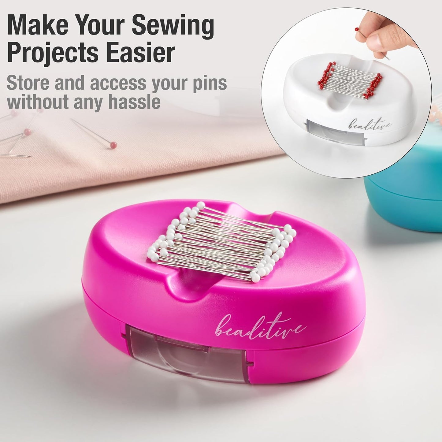 Beaditive Magnetic Pin Cushion with Drawer - Strong Magnet Pin Holder Cushions for Sewing - 50 Glass Head Quilting Pins Included - Chic Pincushion Caddy for Sewing Pins, Paper Clips, Screws – Fuchsia