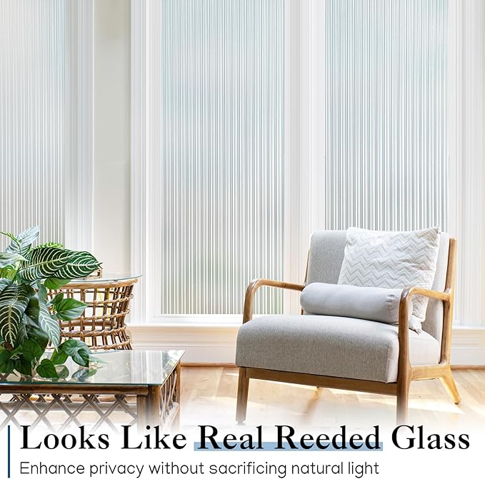 Haton Reeded Glass Window Privacy Film, Frosted Glass Window Film, Static Cling UV Blocking Stickers, Decorative Removable Cover for Bathroom Door Office, Non Adhesive 17.5" x 157.4"