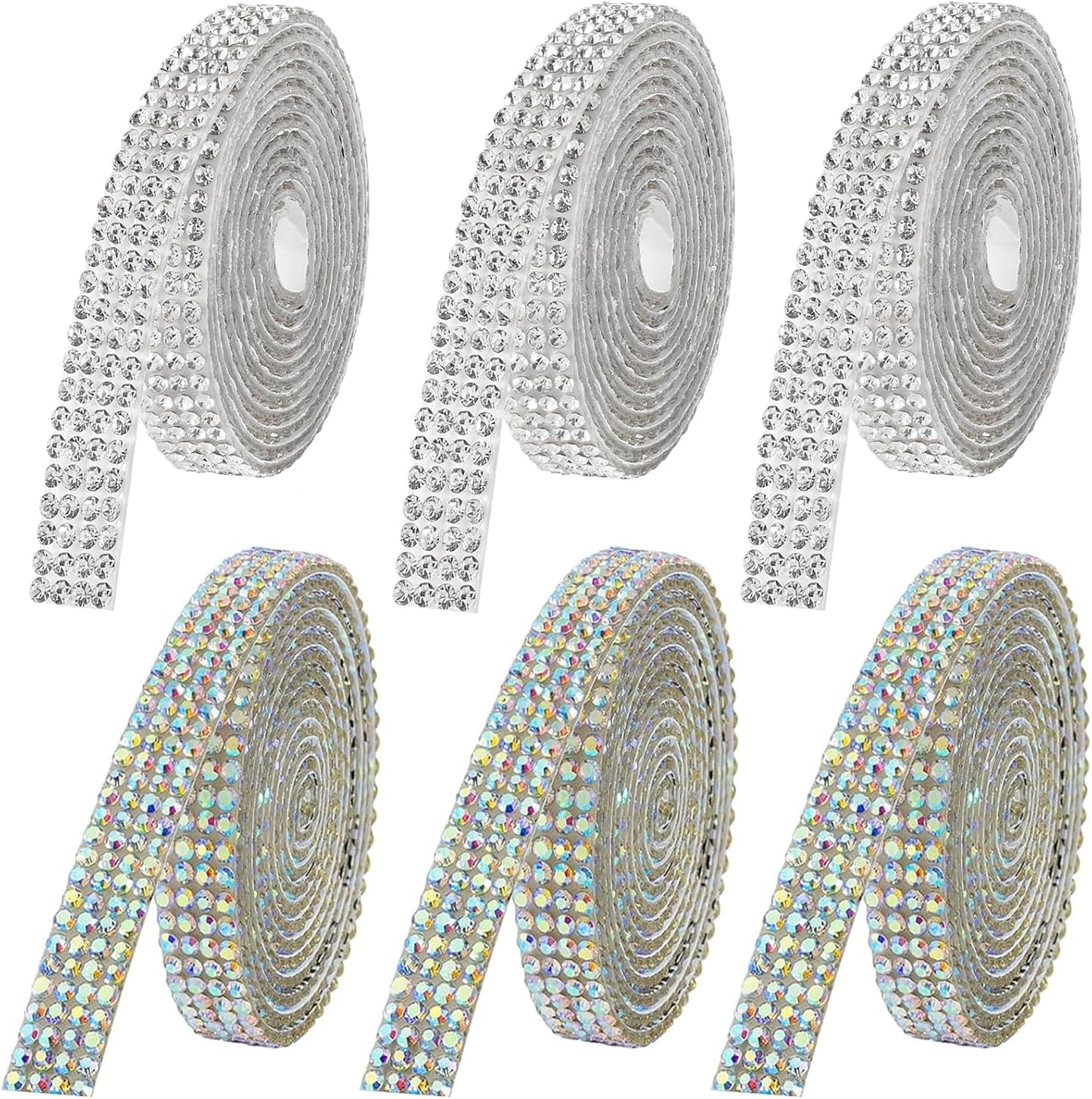Rhinestone Ribbon Self Adhesive Crystal Rhinestones, 6-Yard Bedazzling Strips, 6-Rolls Rhinestone Strips for DIY Craft, Rhinestones Tape Self Adhesive,AB Crystal and Transparent Crystals Color