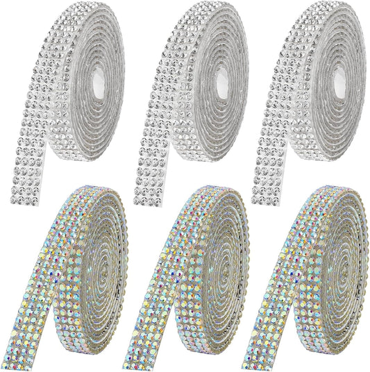 Rhinestone Ribbon Self Adhesive Crystal Rhinestones, 6-Yard Bedazzling Strips, 6-Rolls Rhinestone Strips for DIY Craft, Rhinestones Tape Self Adhesive,AB Crystal and Transparent Crystals Color