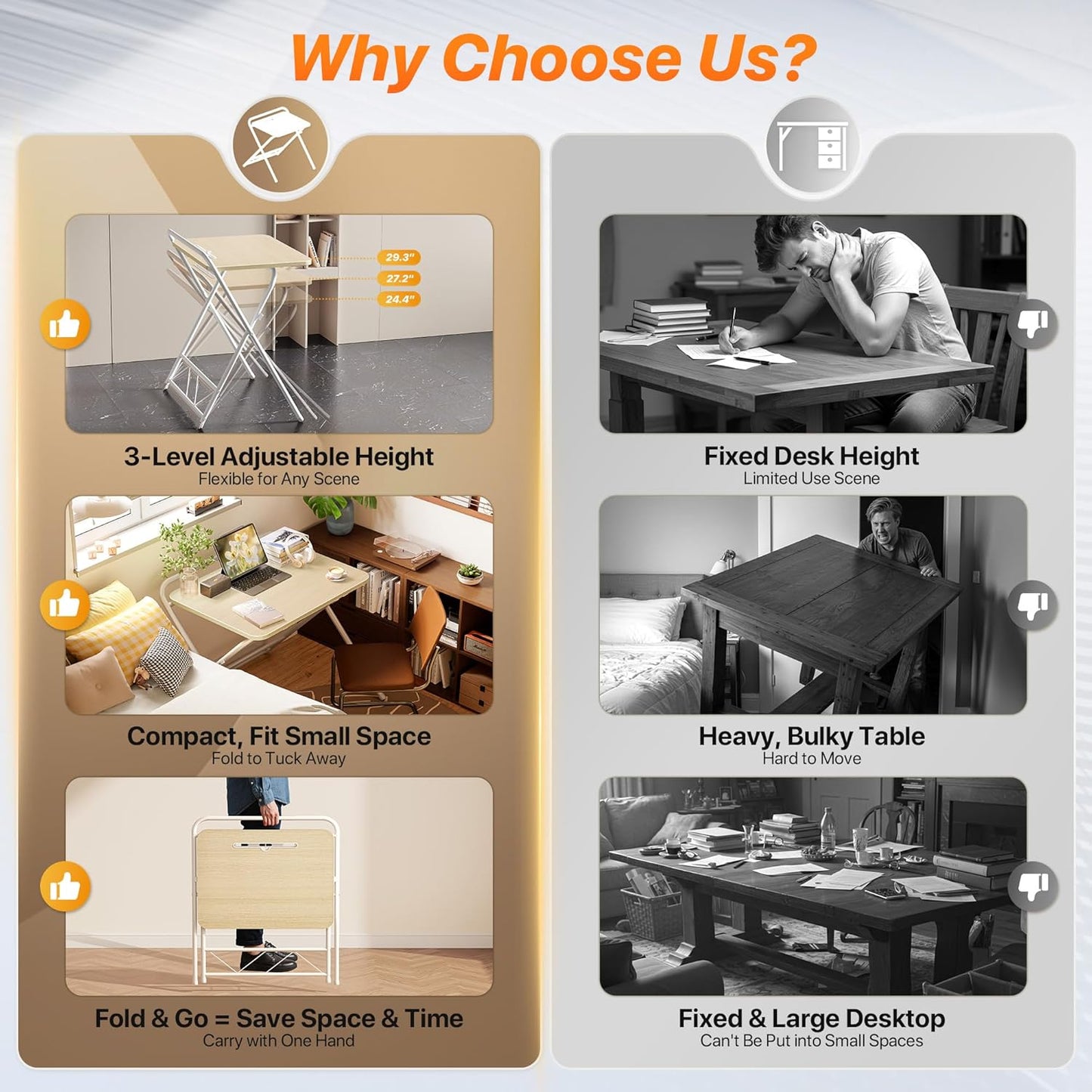 Huuger Folding Desk with 3-Level Adjustable Height and Tablet Slot, 24 Inch Foldable Computer Desk for Small Spaces, Space Saving, Writing Work Table for Home Office, Bedroom, Study, Oak