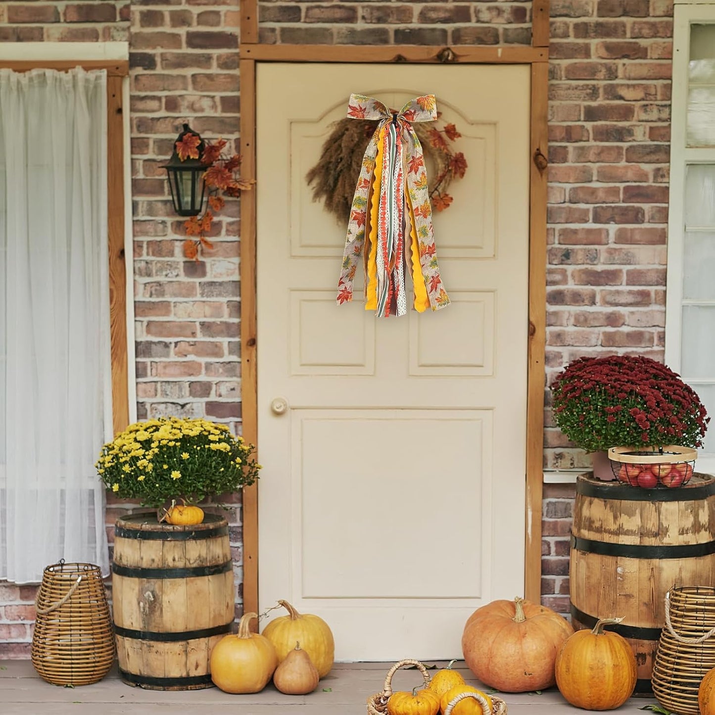Large Fall Ribbon Bow for Wreath, Orange Maple Leaves Fabric Ribbons Set Assorted Lace Ribbon Fall Clip-On Wreath Sash Ribbons Bundle for Thanksgiving Indoor Outdoor Decor
