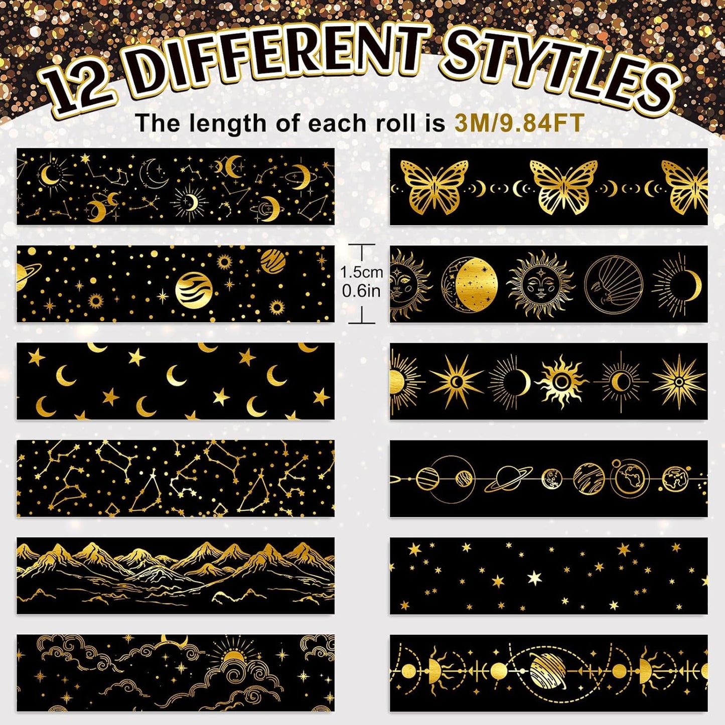 Whaline 12 Rolls Gold Foil Galaxy Washi Tape Black Gold Sun Moon Star Masking Tape Set Decorative Wrapping Paper Tapes for Scrapbook Journal DIY Art Crafts