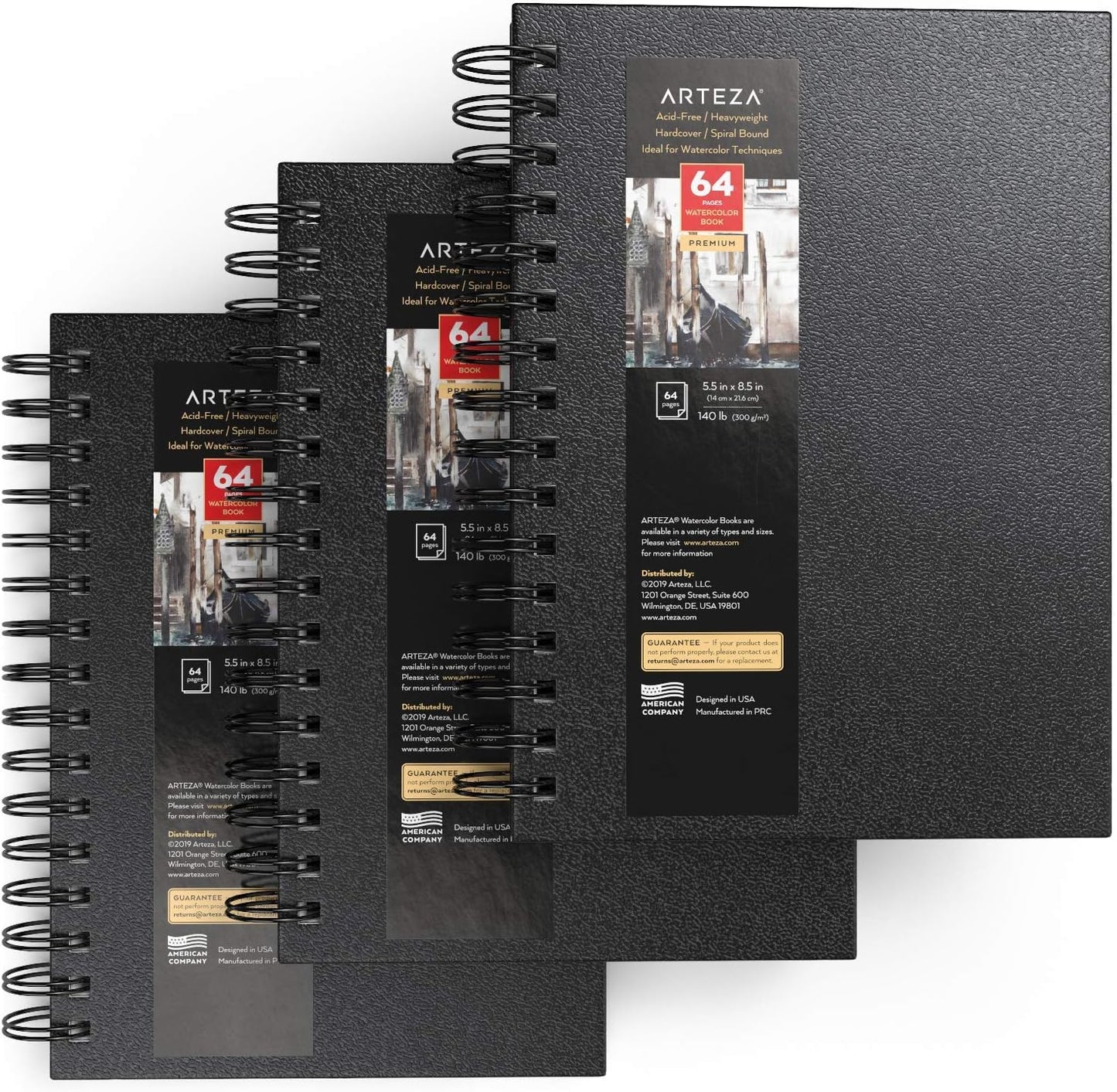 ARTEZA Watercolor Sketchbook Set, 3-Pack, 64 Pages per Book, 5.5 x 8.5 Inches, Black Hardcover Spiral Notebooks, 140-Pound Premium Watercolor Paper for Artists