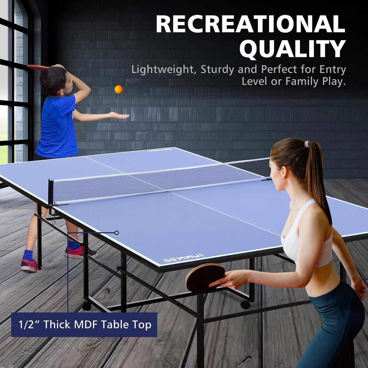 8ft/9ft Mid-Size Table Tennis Table Foldable & Portable Ping Pong Table Set for Indoor Games with Net, 2 Table Tennis Paddles and 3 Balls
