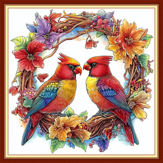 Joyhoor Cross Stitch Kits for Beginners Stamped Cross-Stitch Supplies Needlework preprint Embroidery Kits for Adults DIY Needlepoint Kits Embroidery Patterns 11CT-Flower Garland Bird 18x18 inchs